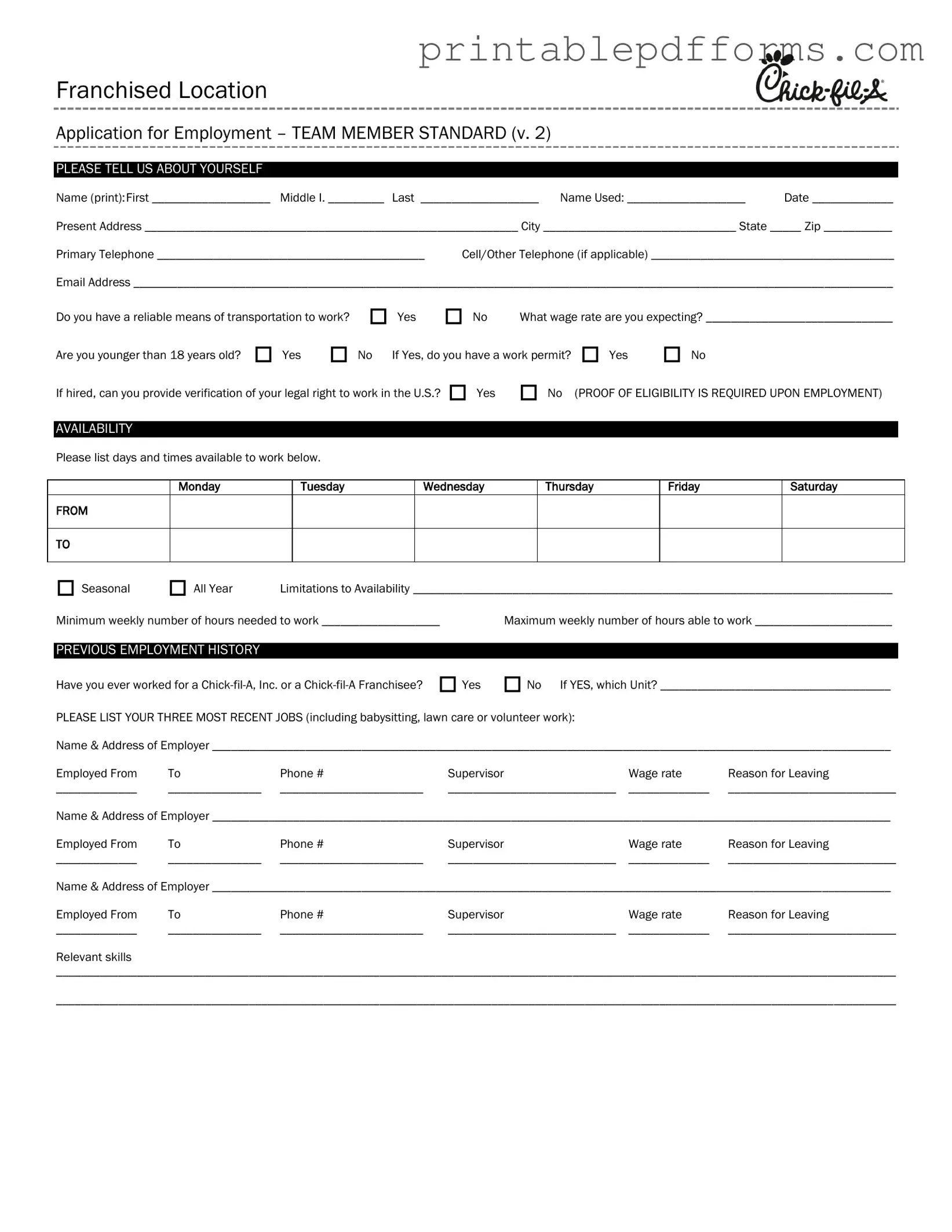 Fill a Valid Chick Fil A Job Application Form