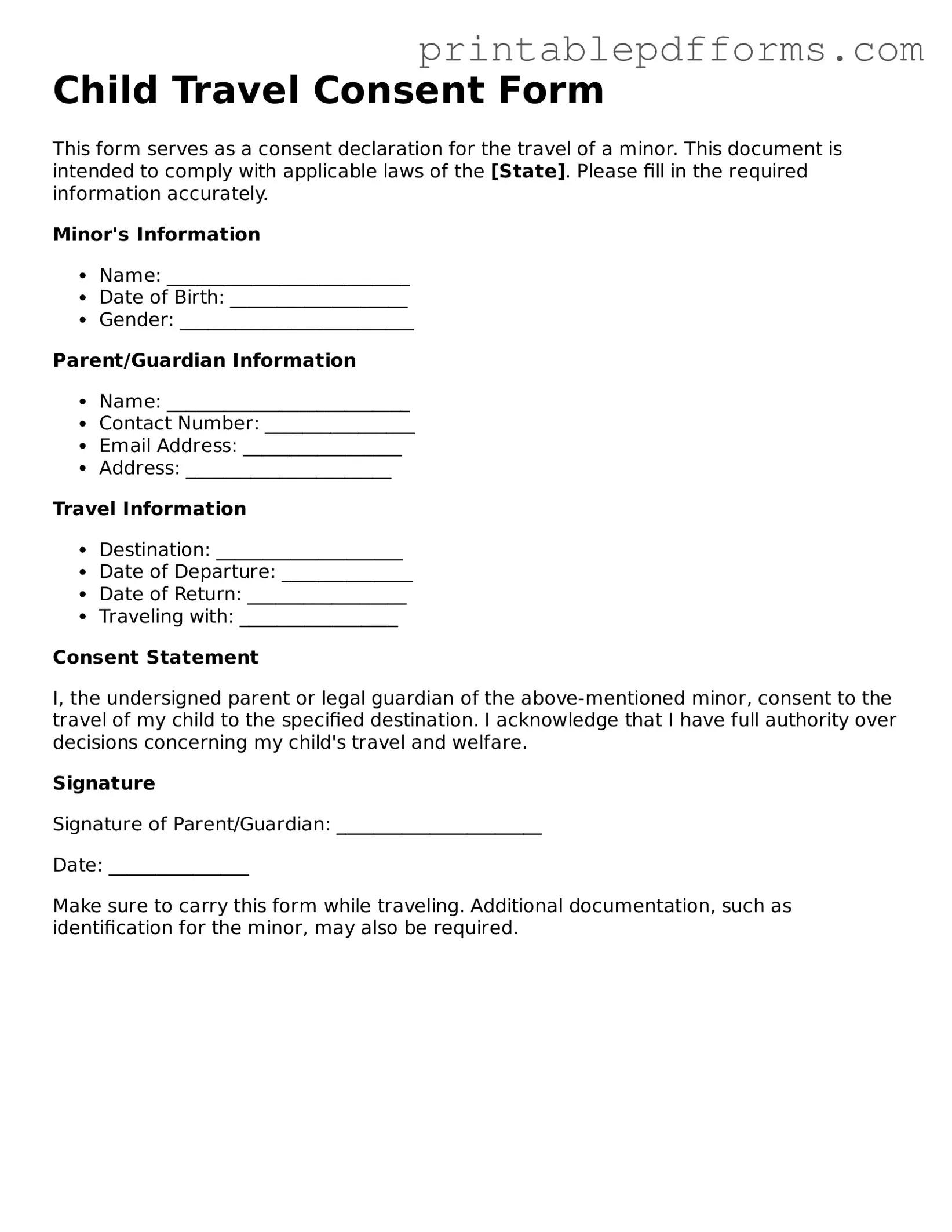 Blank Child Travel Consent Form Form