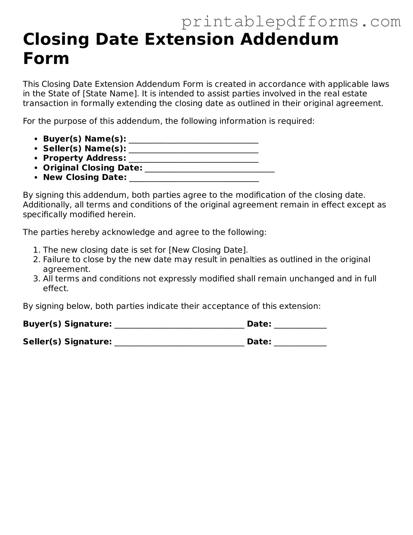 Blank Closing Date Extension Addendum Form Form
