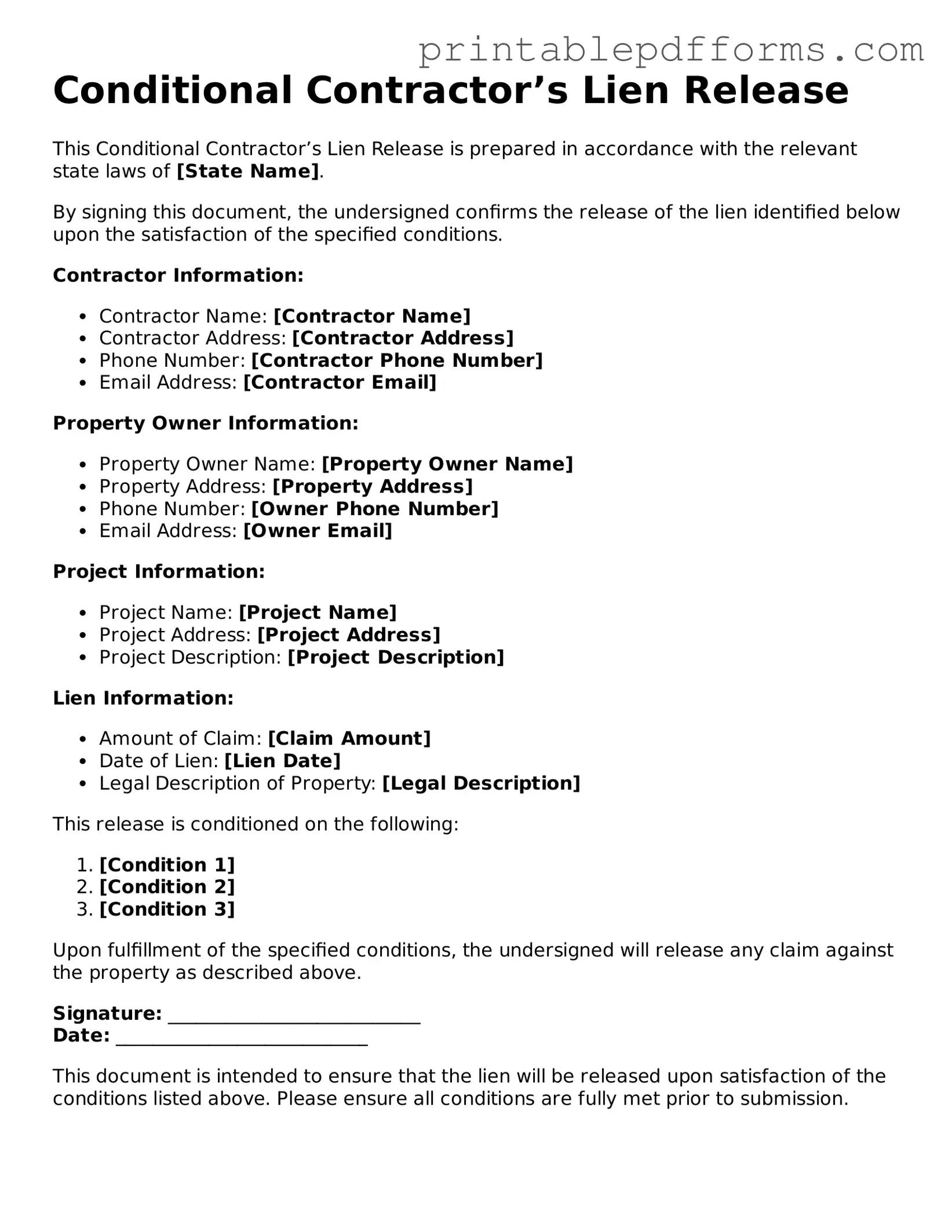 Blank Conditional Contractor’s Lien Release Form