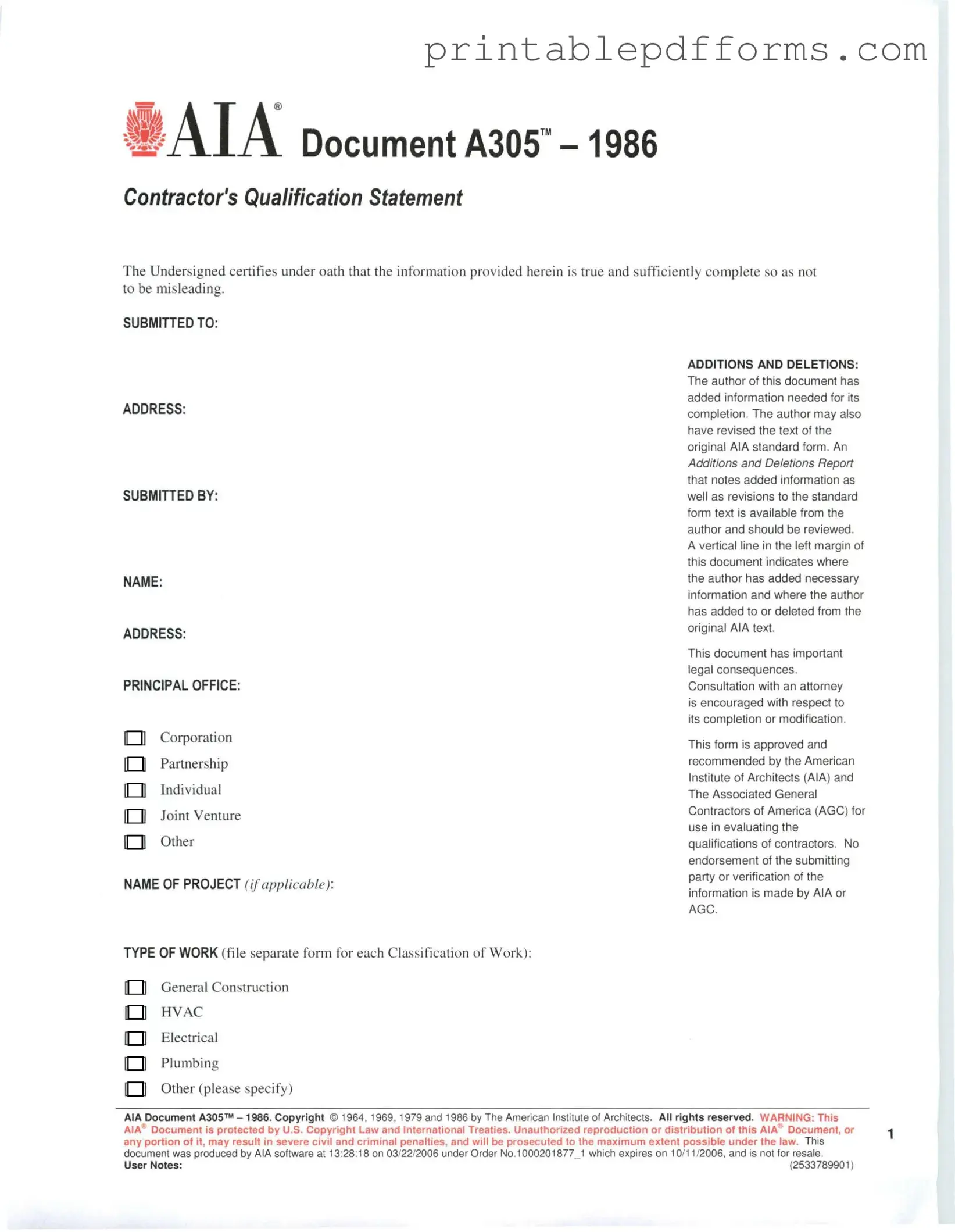 Fill a Valid AIA A305 Form