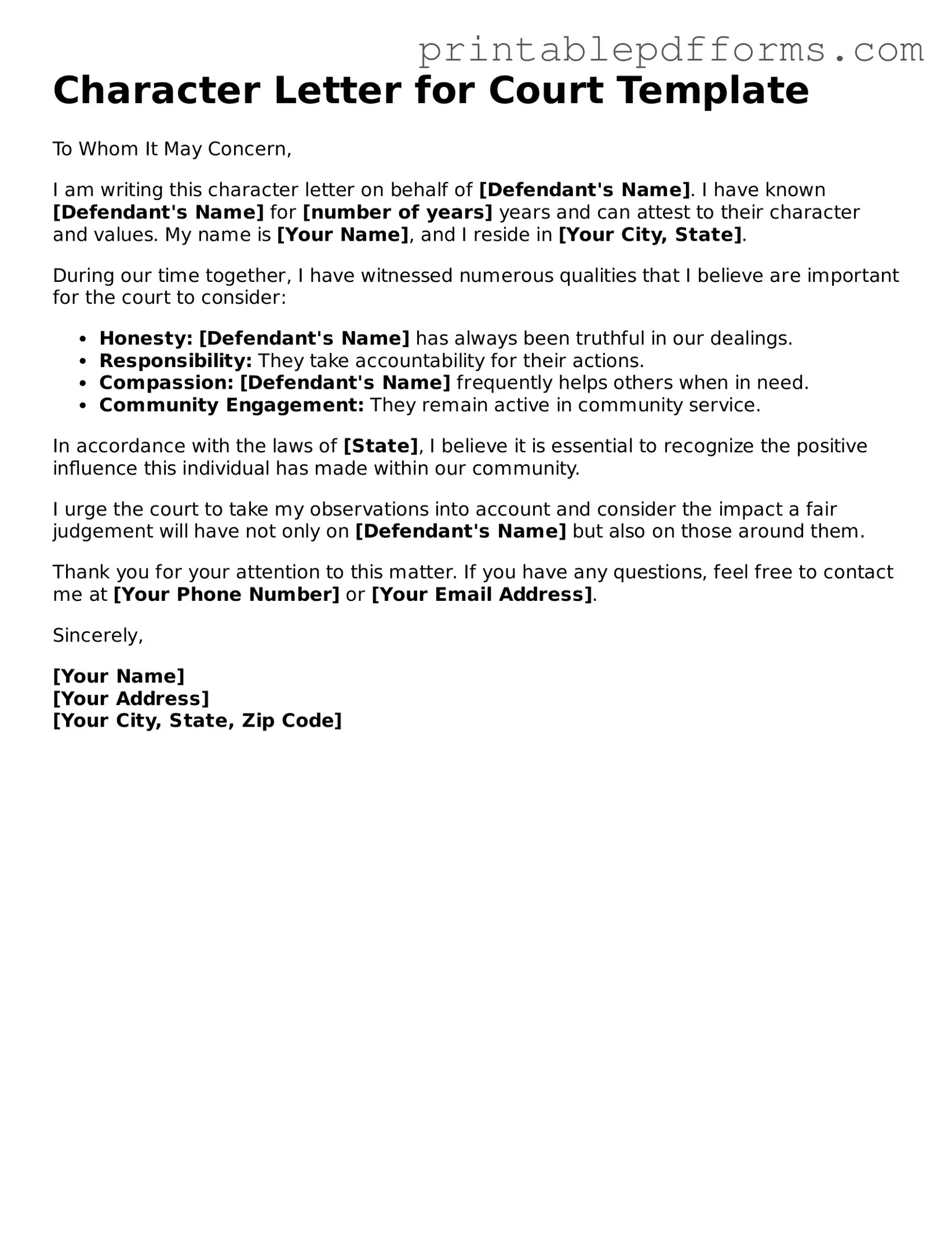 Blank Character Letter for Court Form