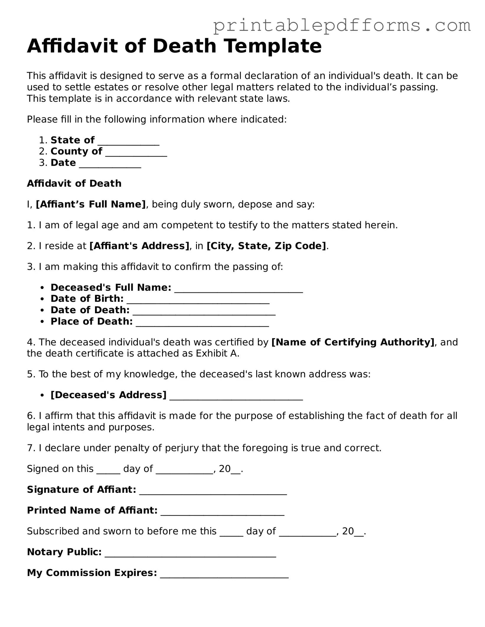 Blank Affidavit of Death Form