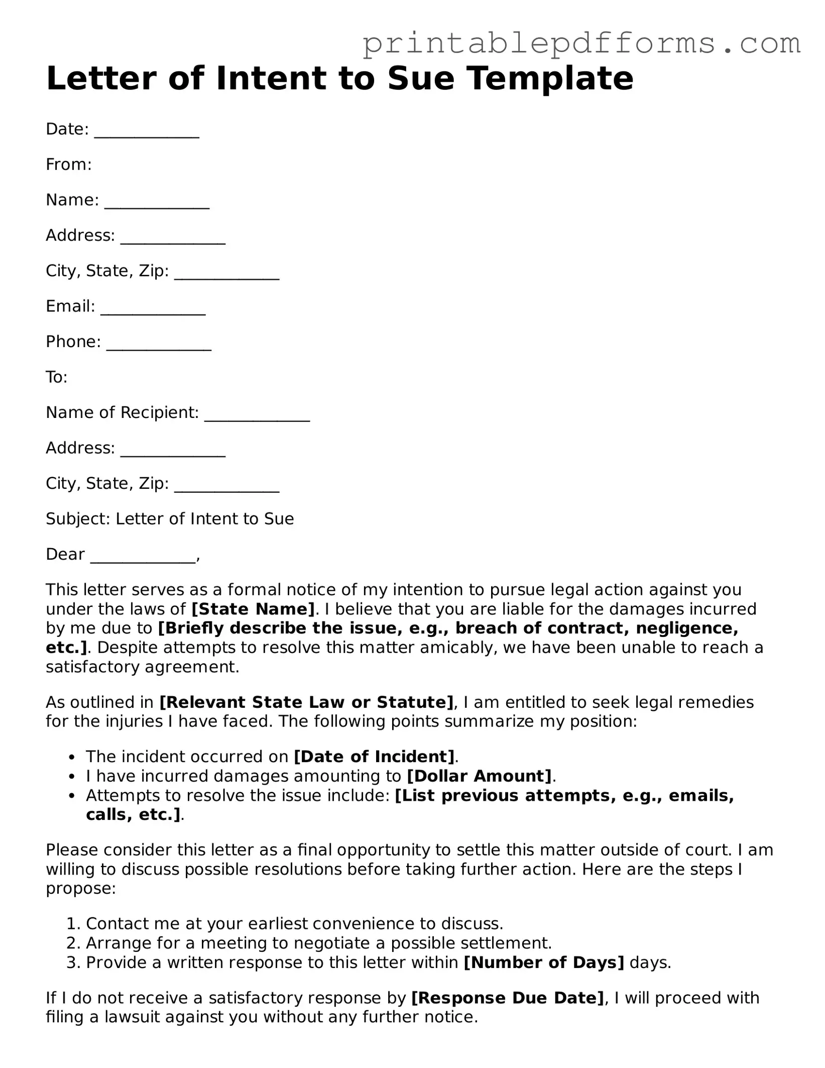 Blank Letter of Intent to Sue Form
