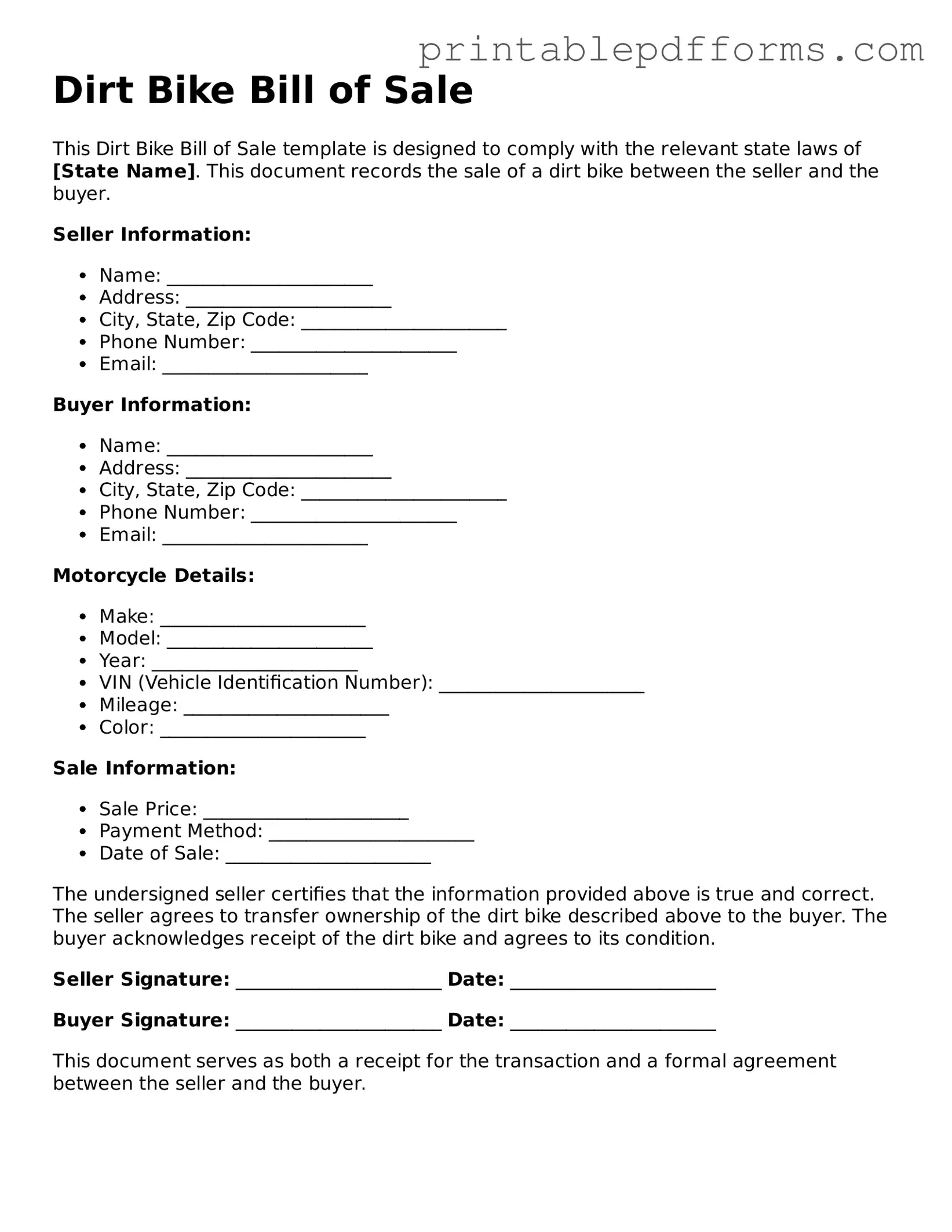 Blank Dirt Bike Bill of Sale Form