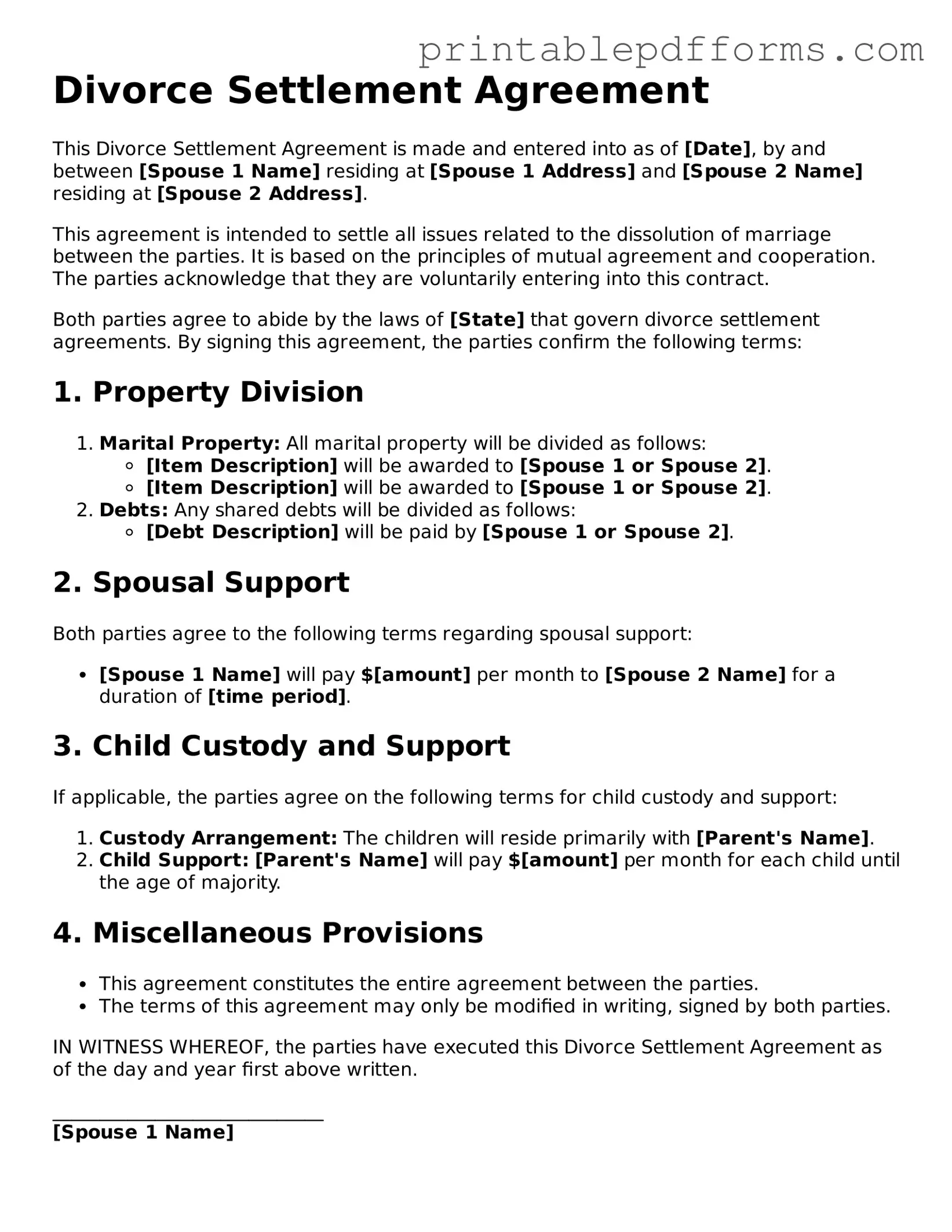 Blank Divorce Settlement Agreement Form
