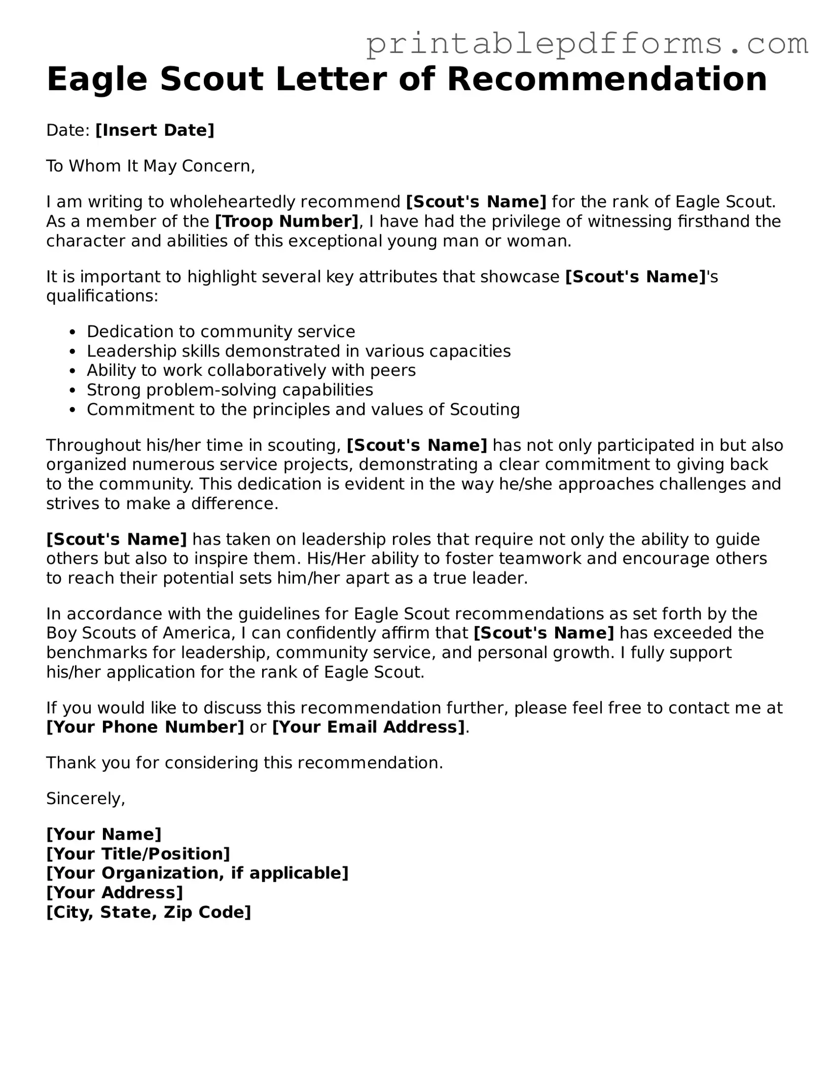Blank Eagle Scout Letter of Recommendation Form