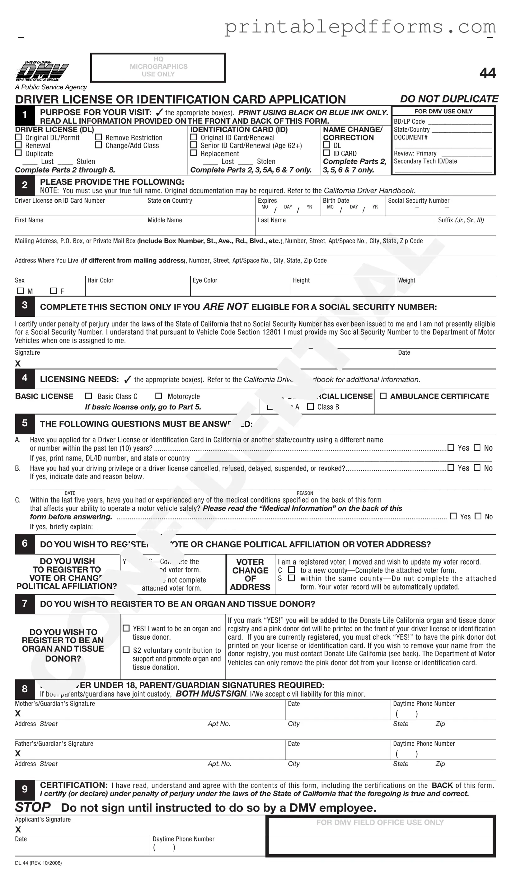 Fill a Valid Ca Dmv Dl 44 Form