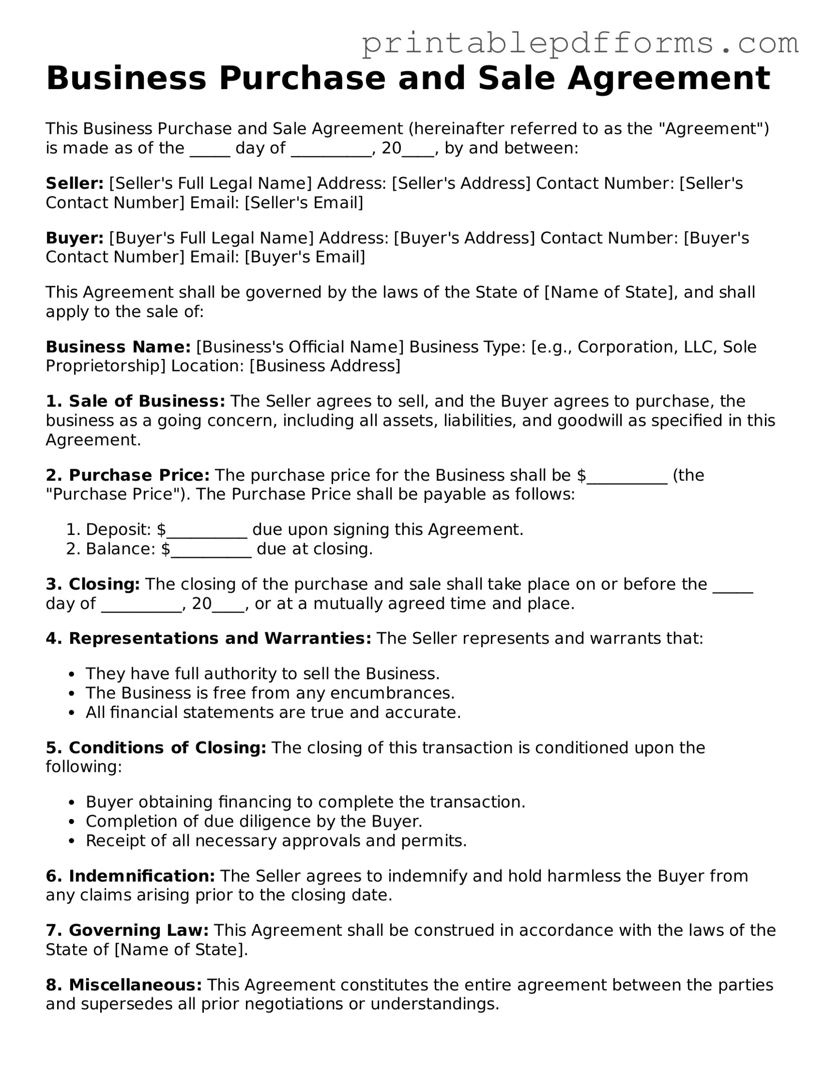 Blank Business Purchase and Sale Agreement Form