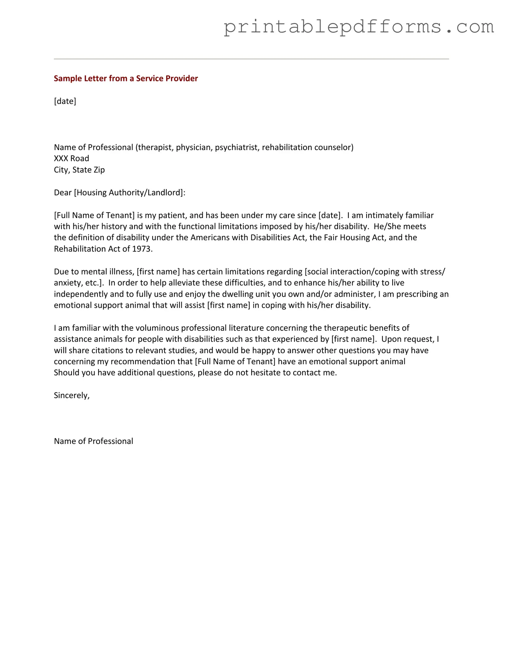 Fill a Valid Emotional Support Animal Letter Form