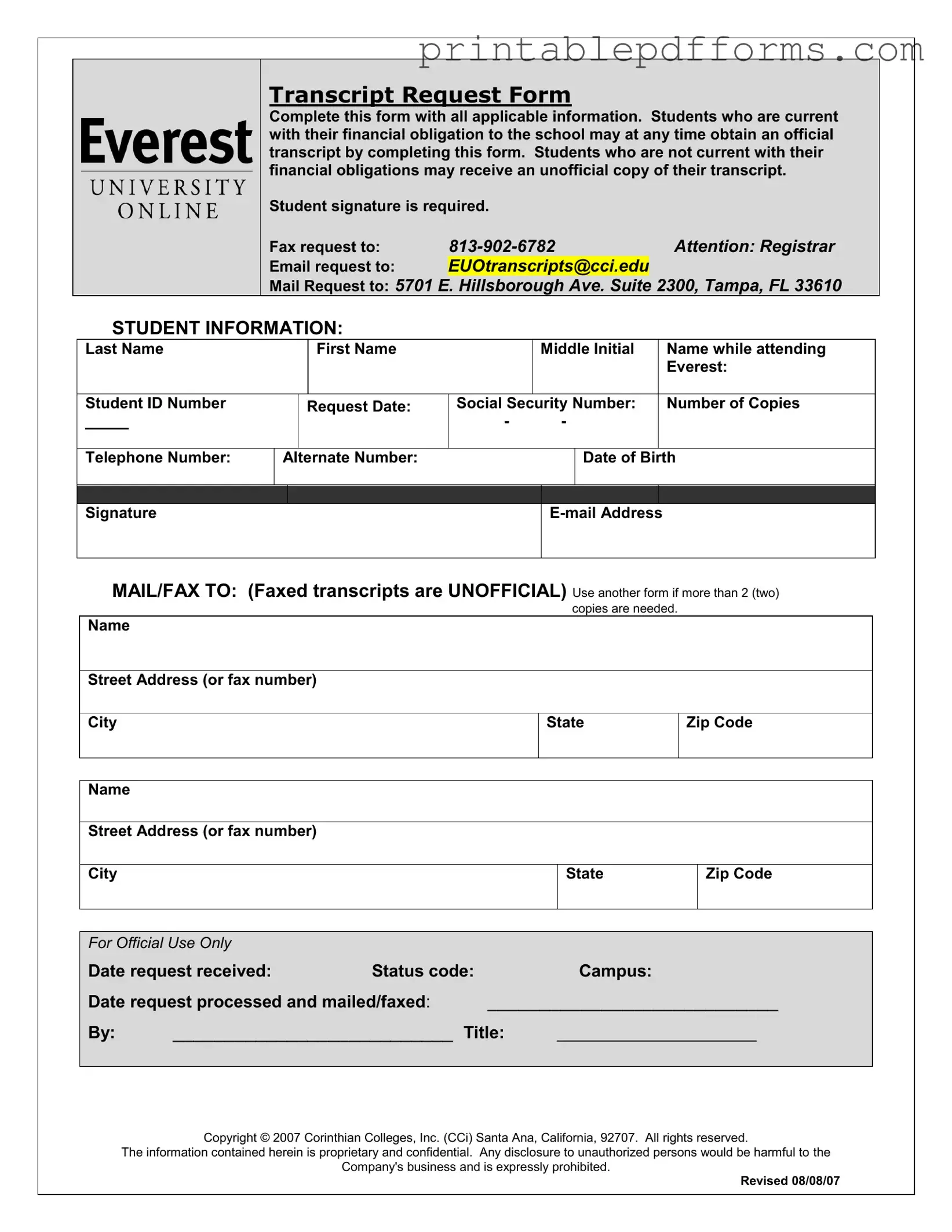 Fill a Valid Everest University Transcript Form