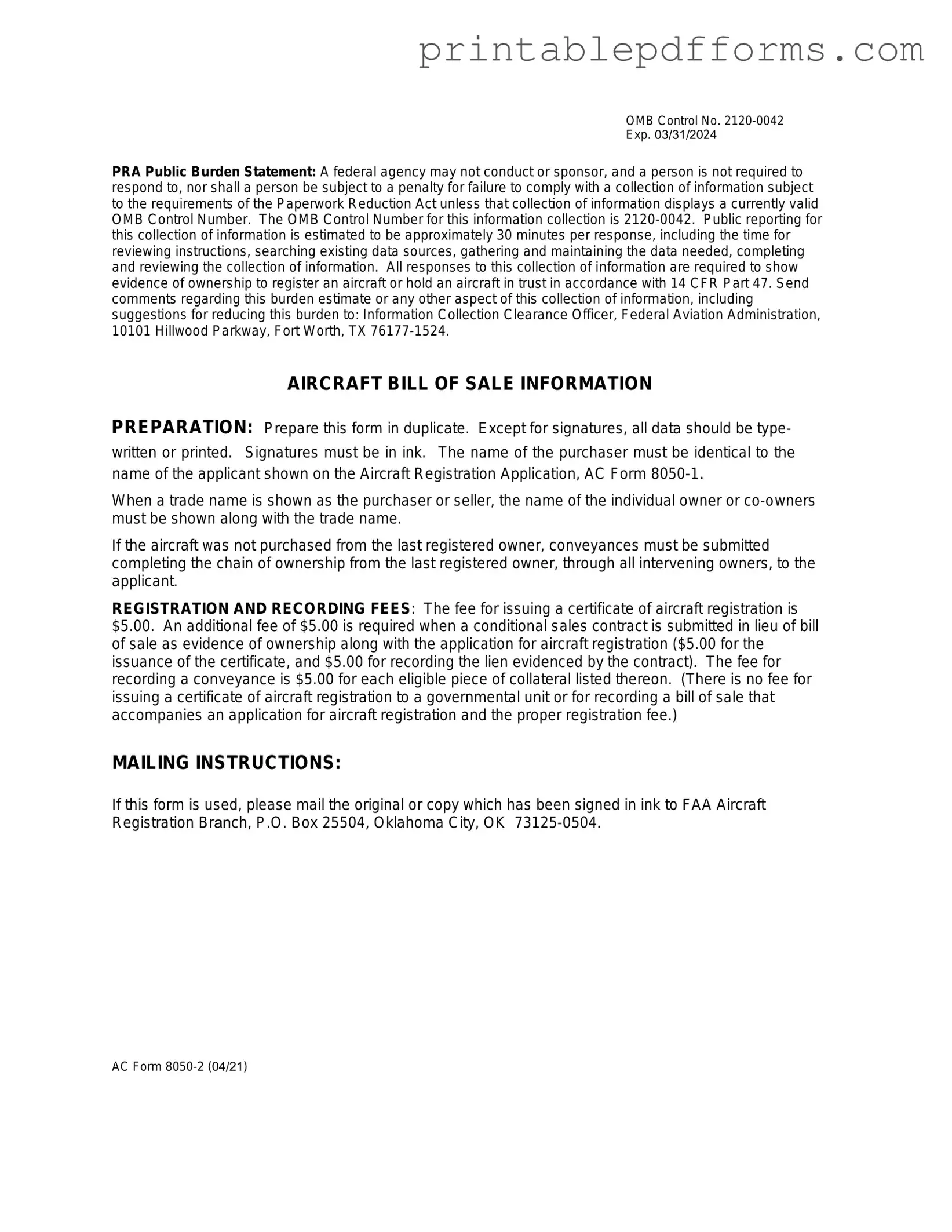 Fill a Valid Aircraft Bill of Sale AC 8050-2 Form