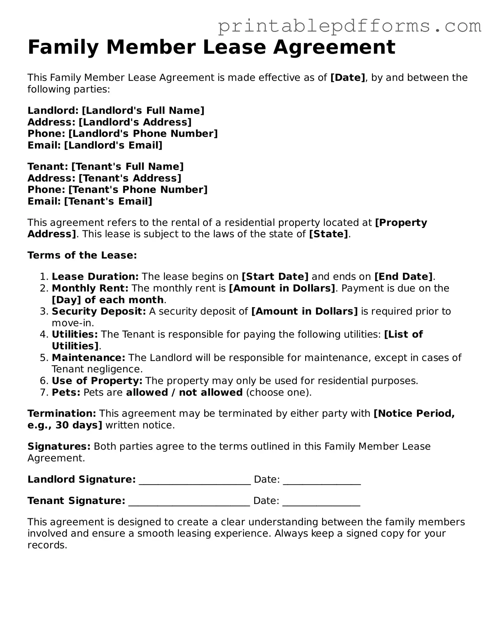 Blank Family Member Lease Agreement Form