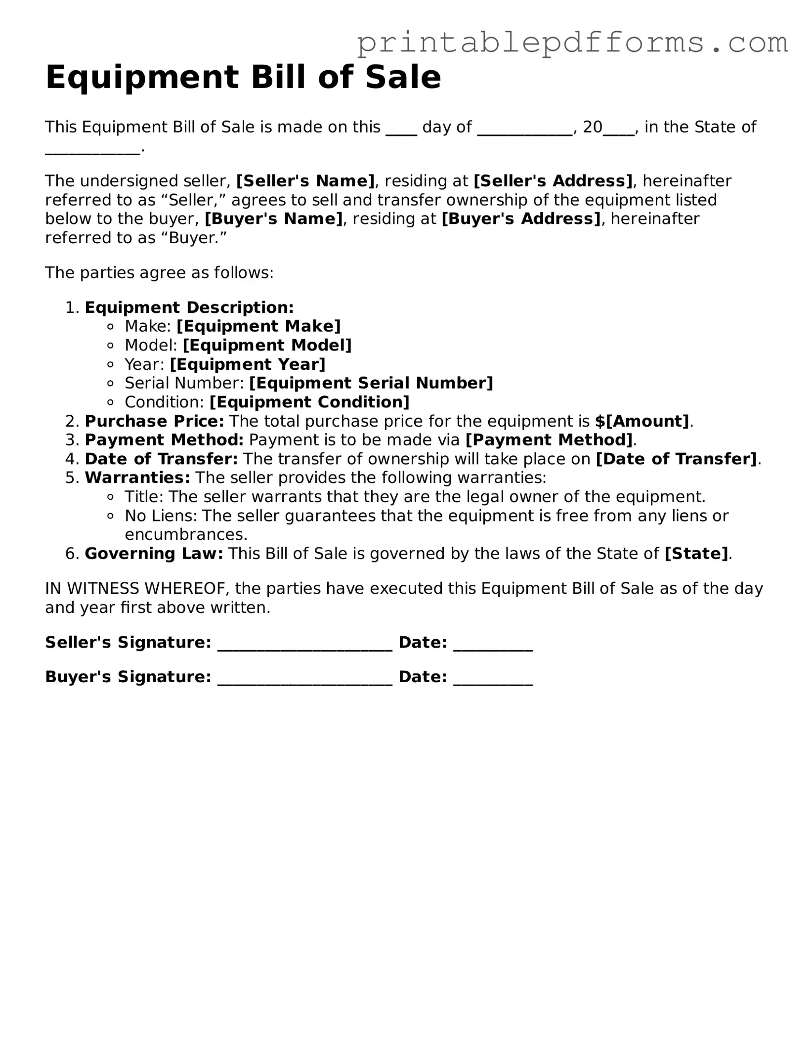 Blank Equipment Bill of Sale Form