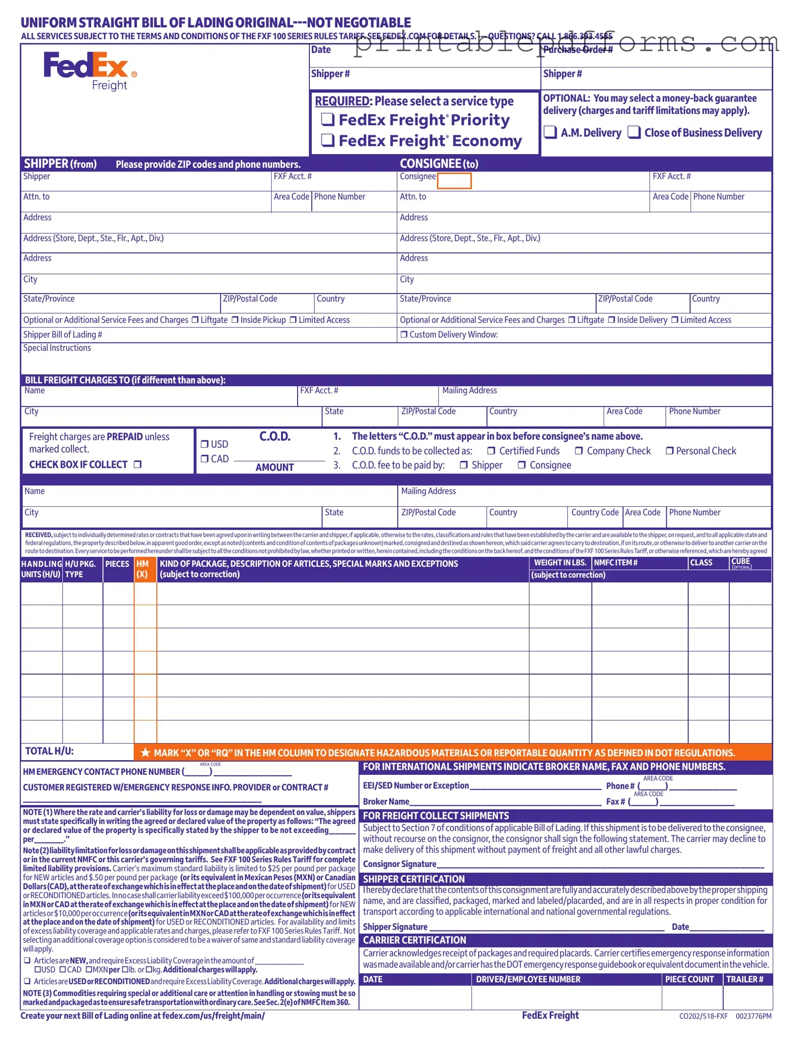 Fill a Valid Fedex Bill Of Lading Form