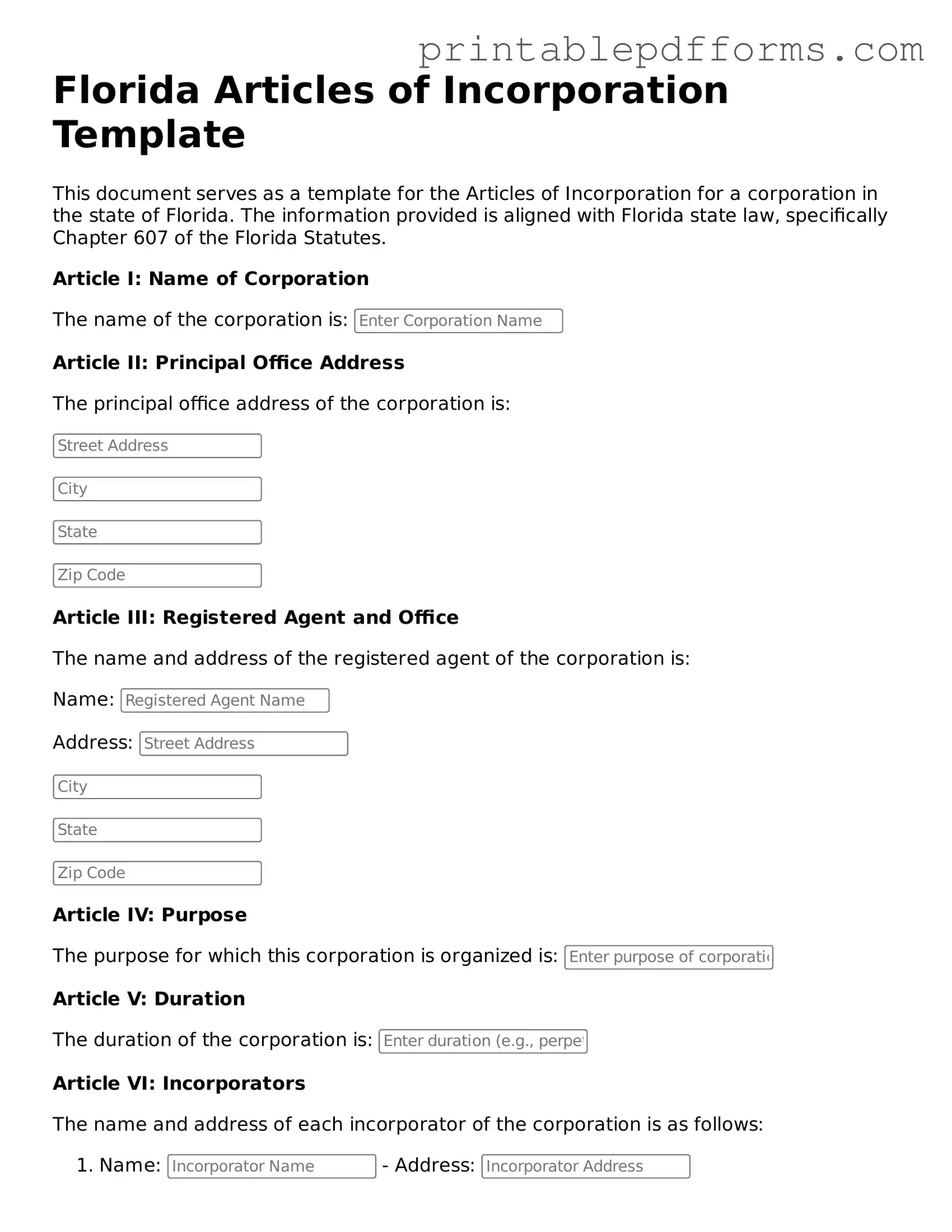 Florida Articles of Incorporation Document