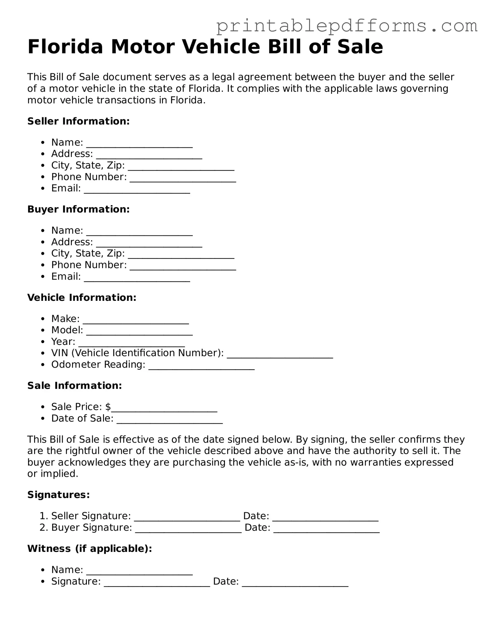 Florida Motor Vehicle Bill of Sale Document