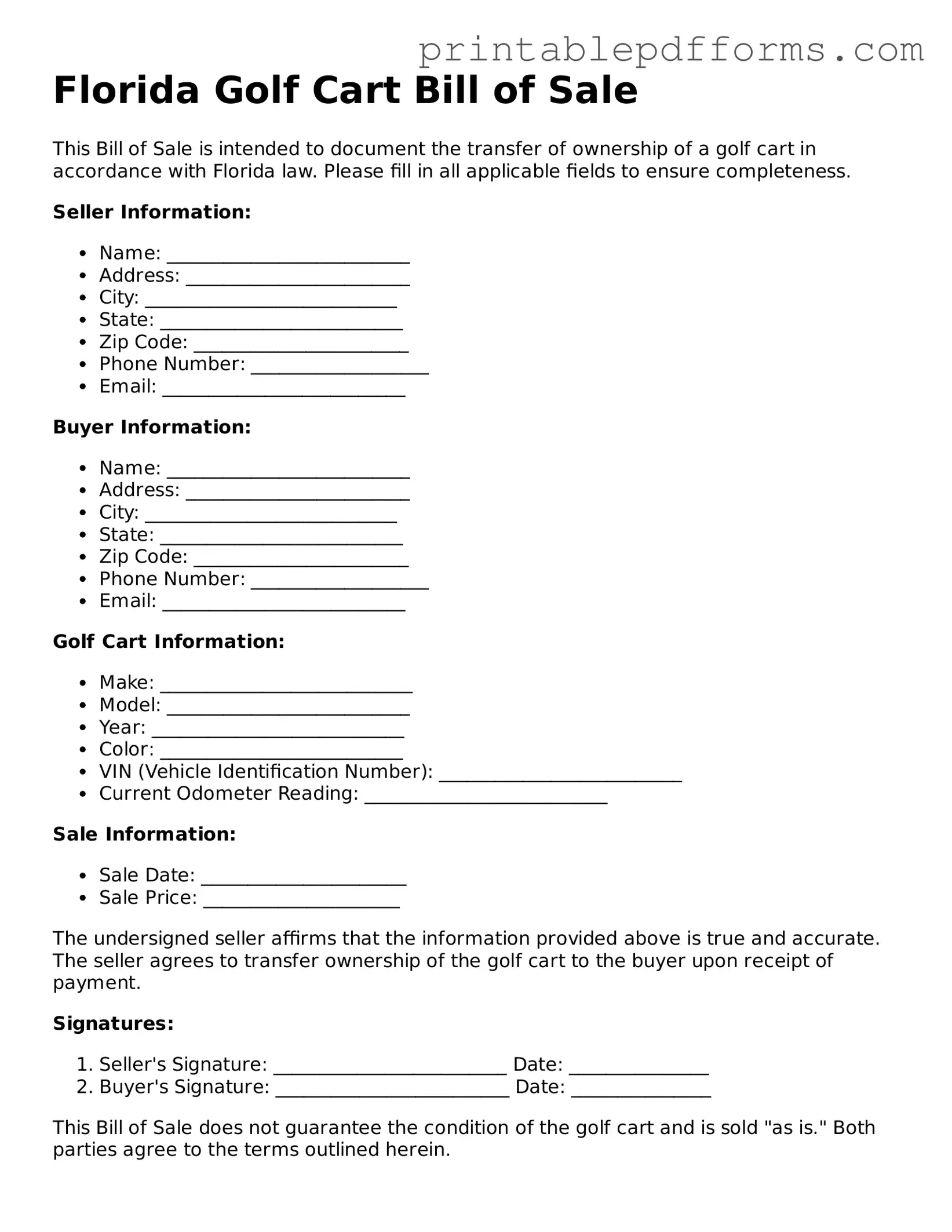 Florida Golf Cart Bill of Sale Document