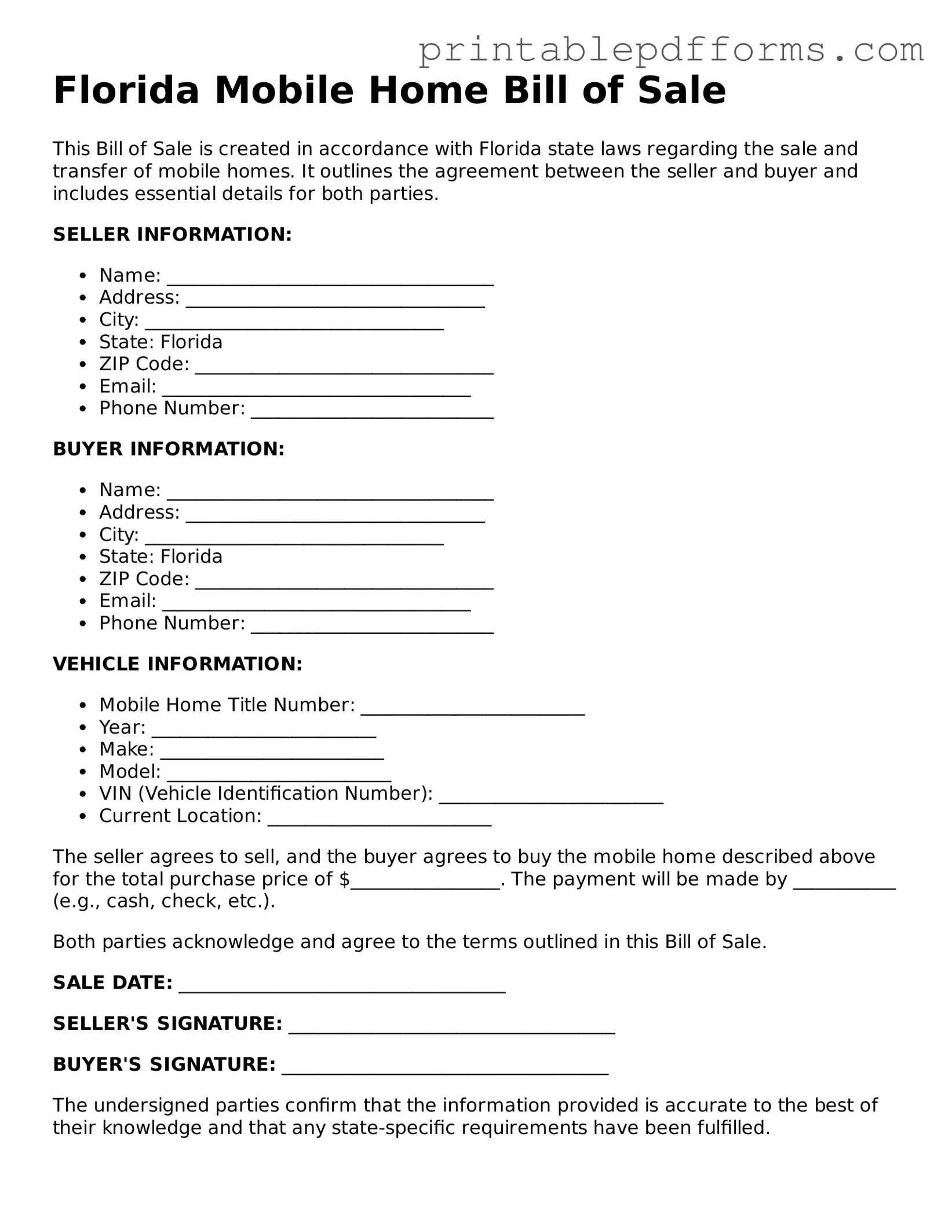 Florida Mobile Home Bill of Sale Document
