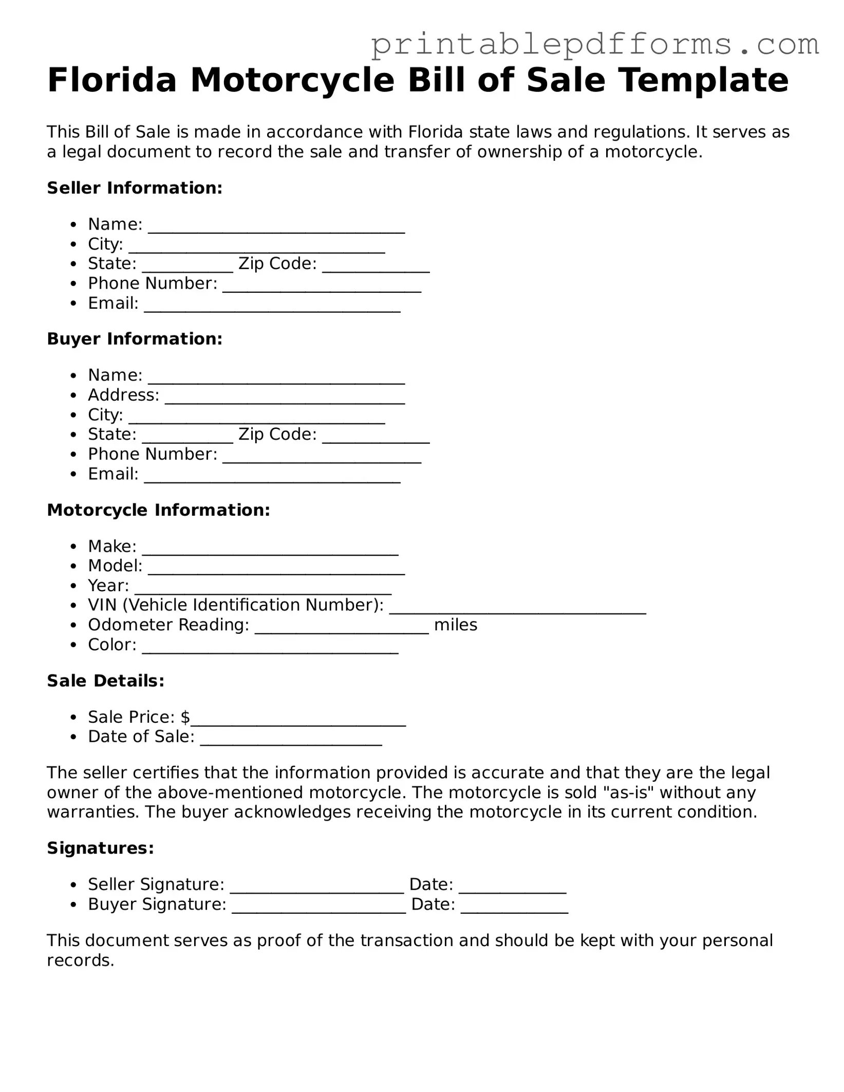 Florida Motorcycle Bill of Sale Document