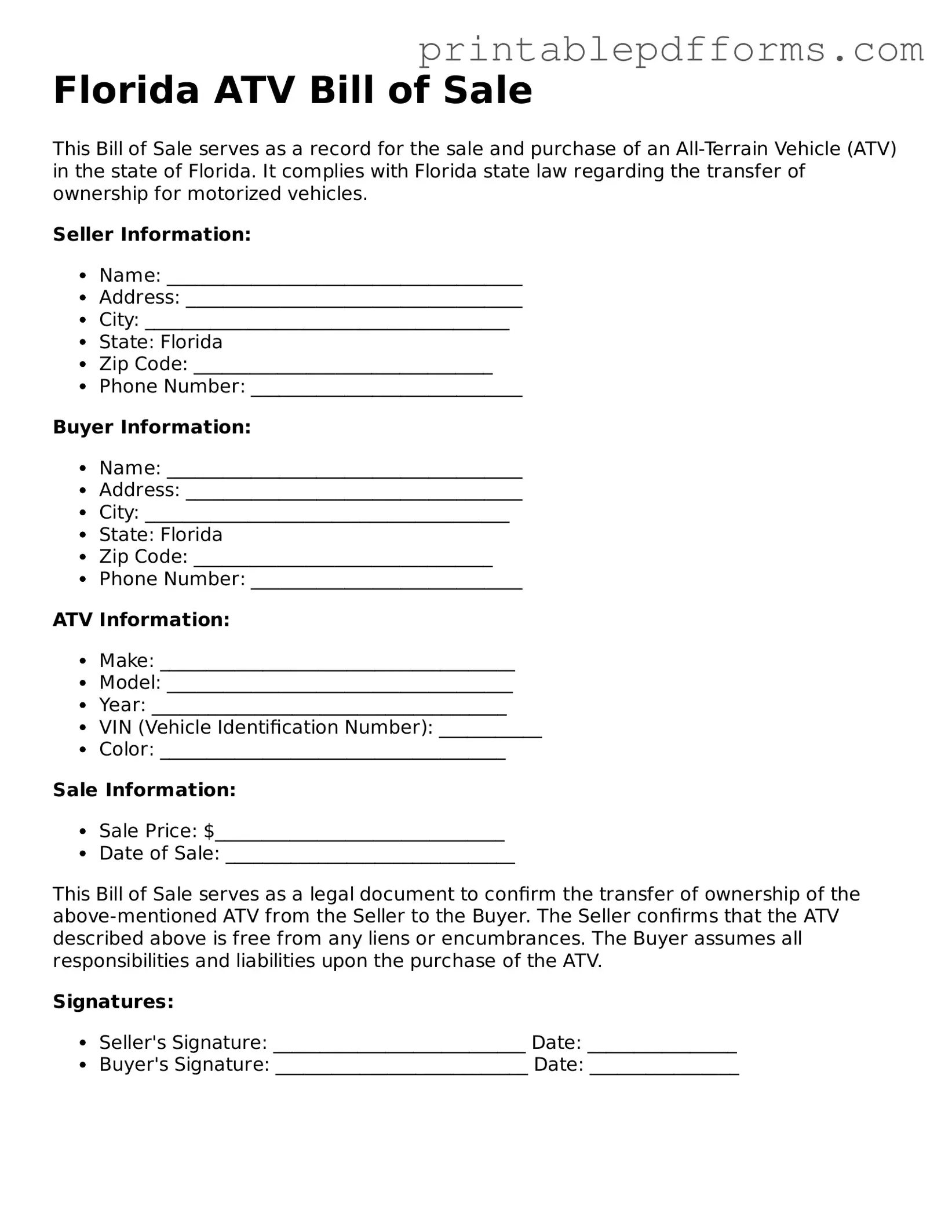 Florida ATV Bill of Sale Document