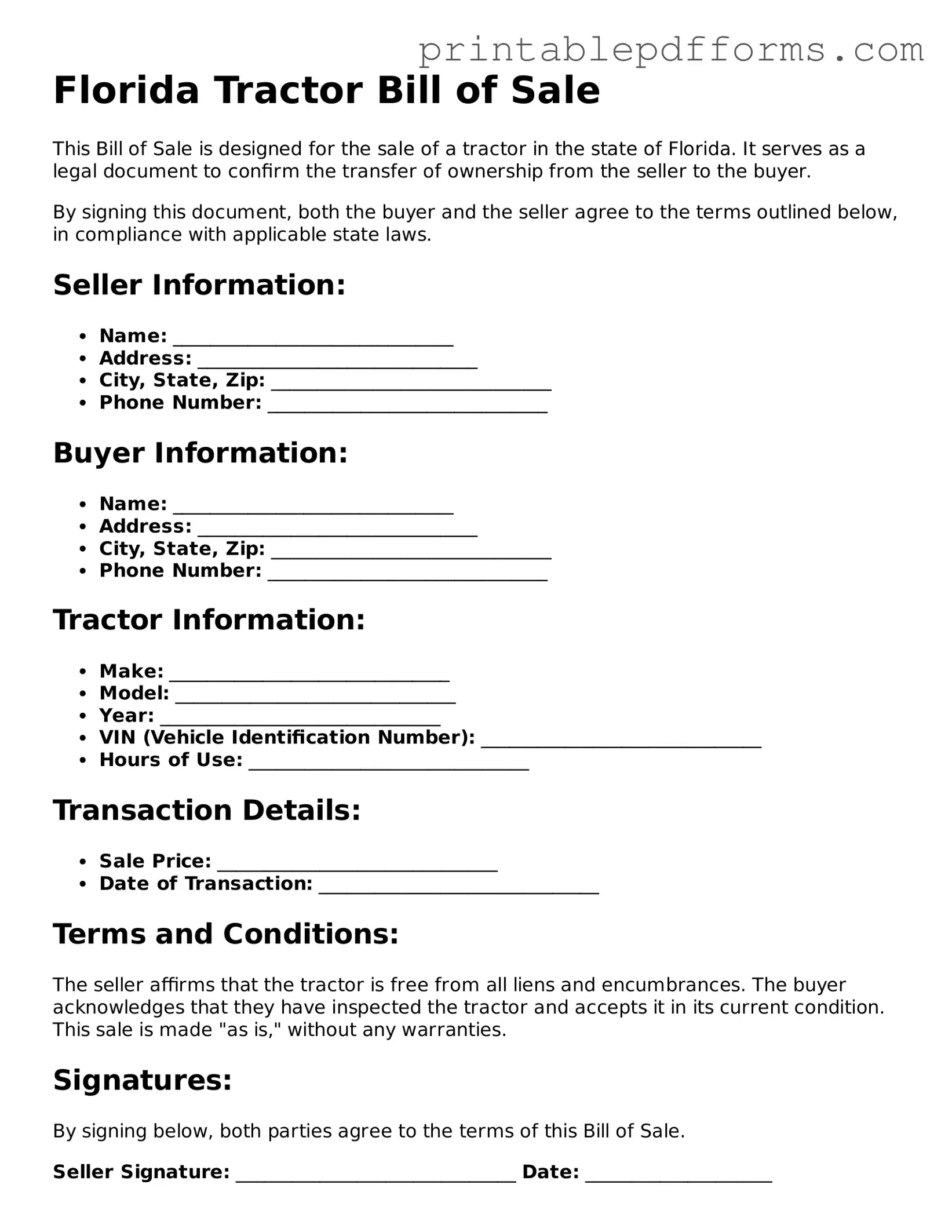 Florida Tractor Bill of Sale Document