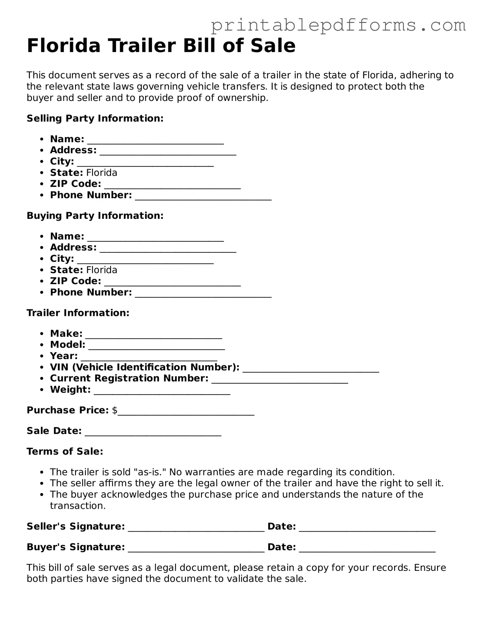 Florida Trailer Bill of Sale Document