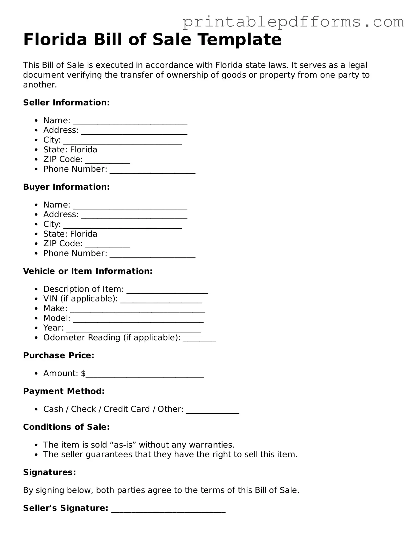 Florida Bill of Sale Document