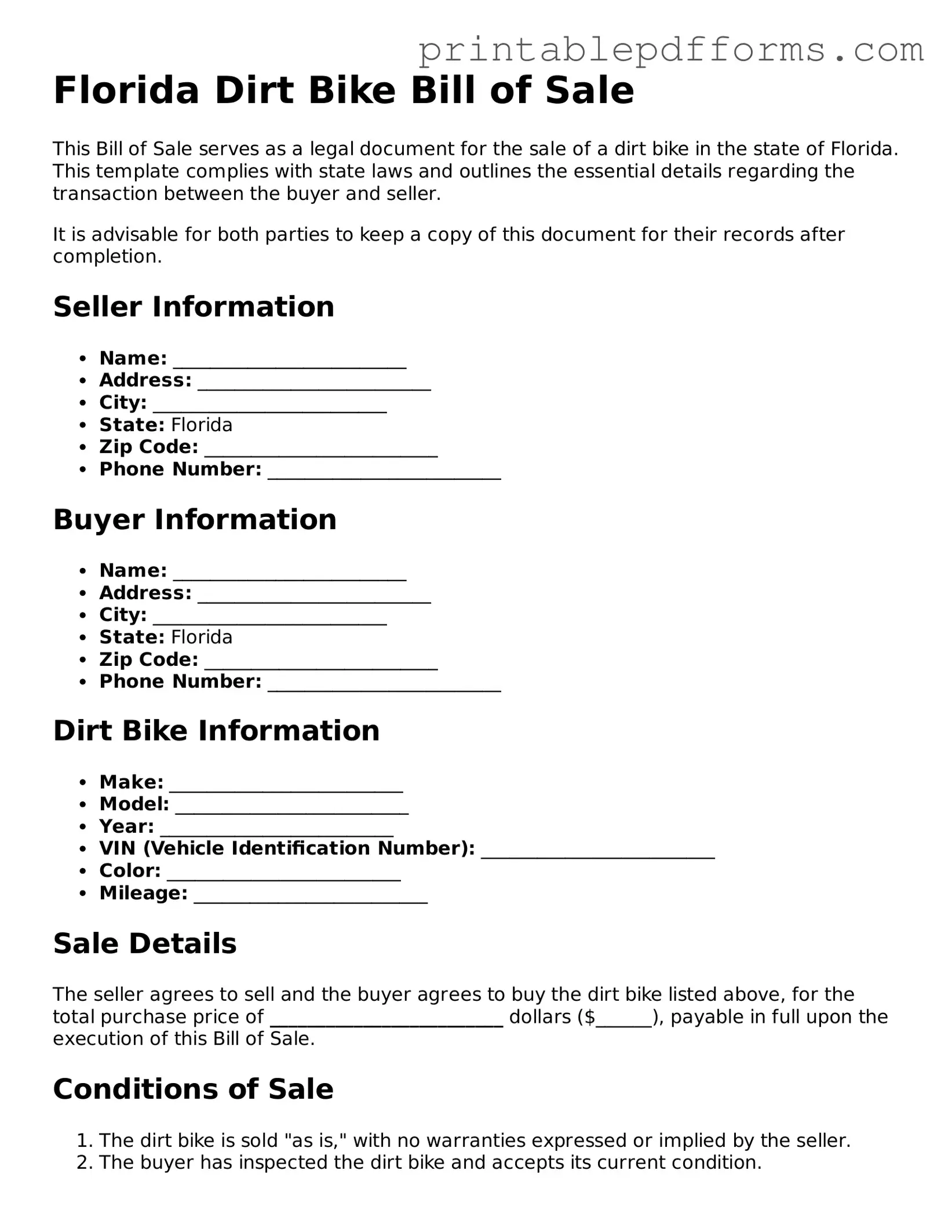 Florida Dirt Bike Bill of Sale Document