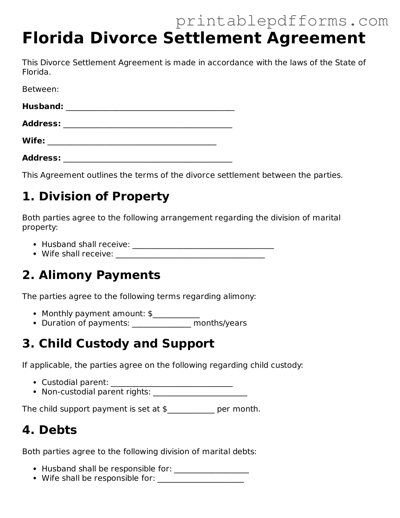 Florida Divorce Settlement Agreement Document