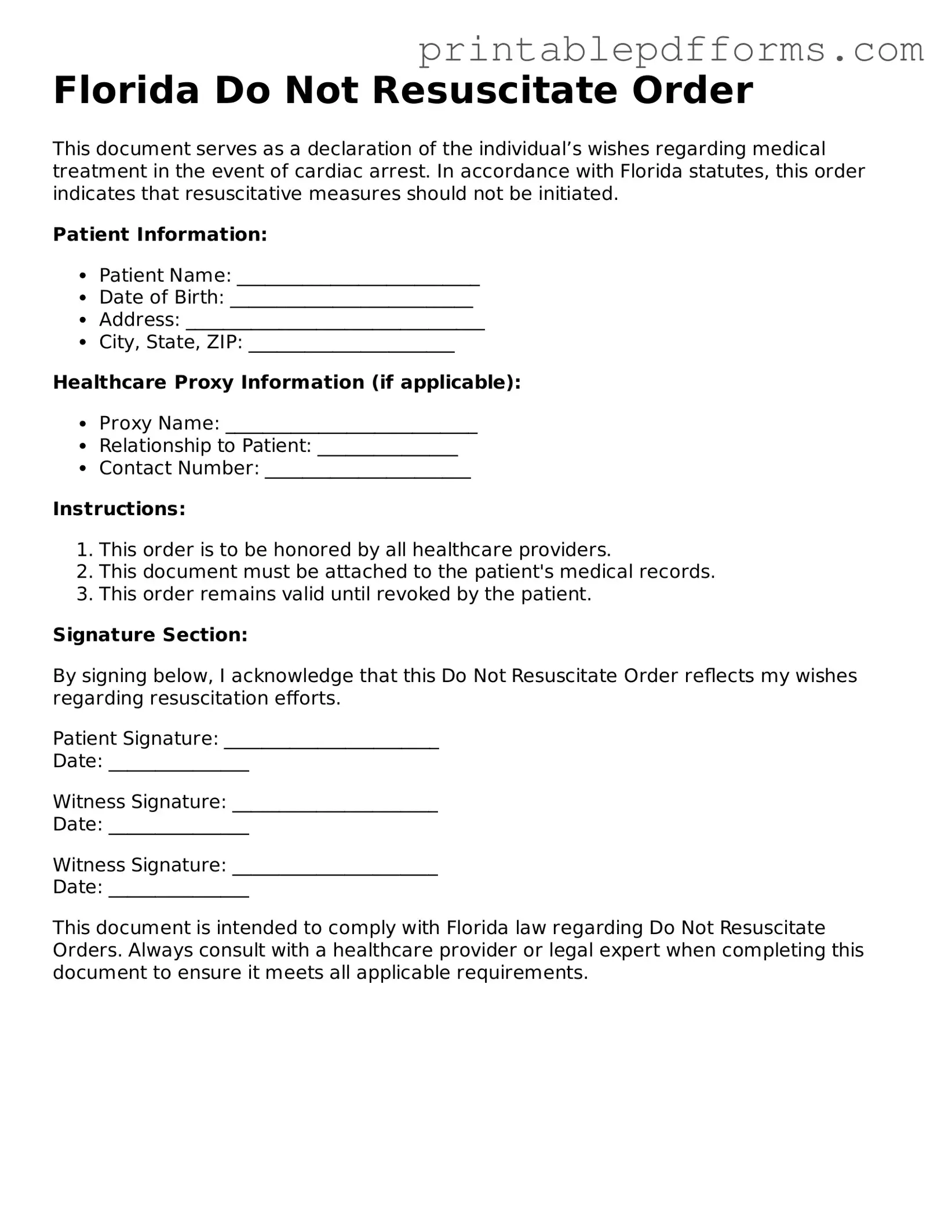 Florida Do Not Resuscitate Order Document