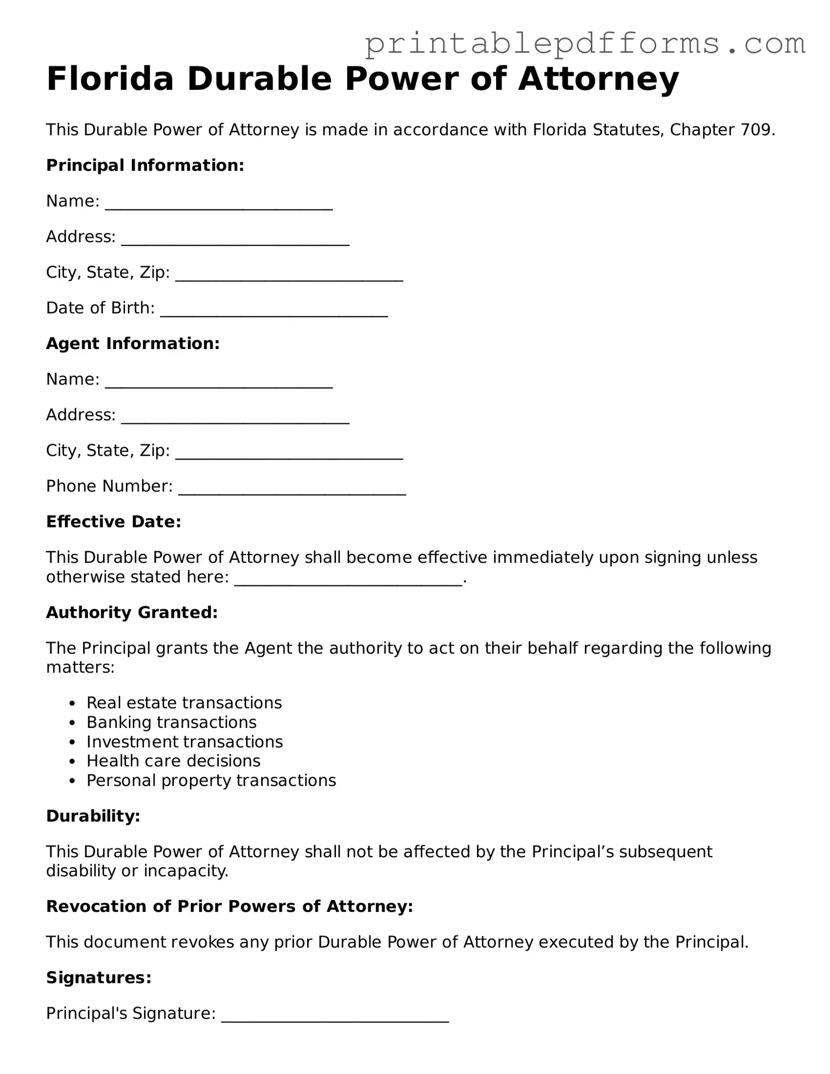 Florida Durable Power of Attorney Document