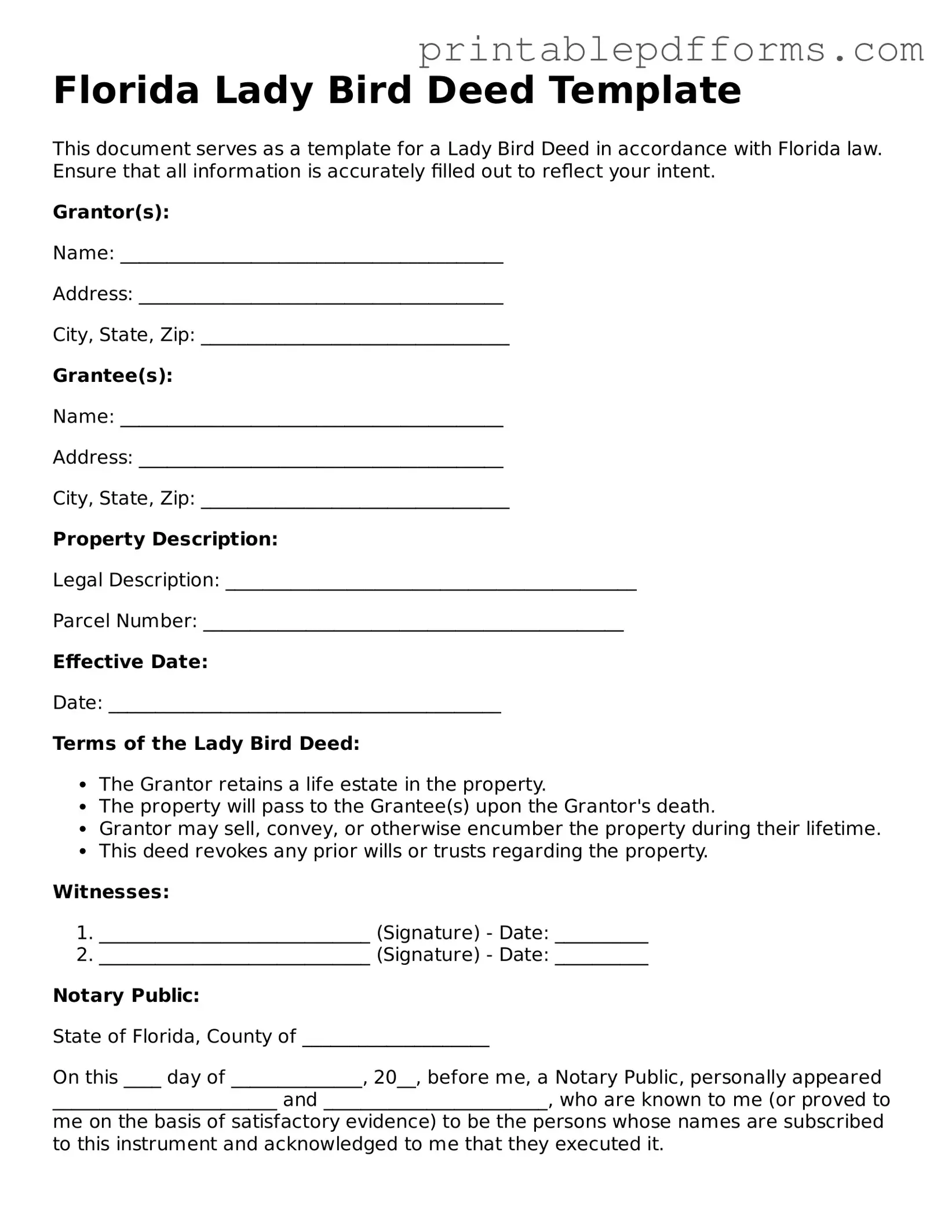 Florida Lady Bird Deed Document