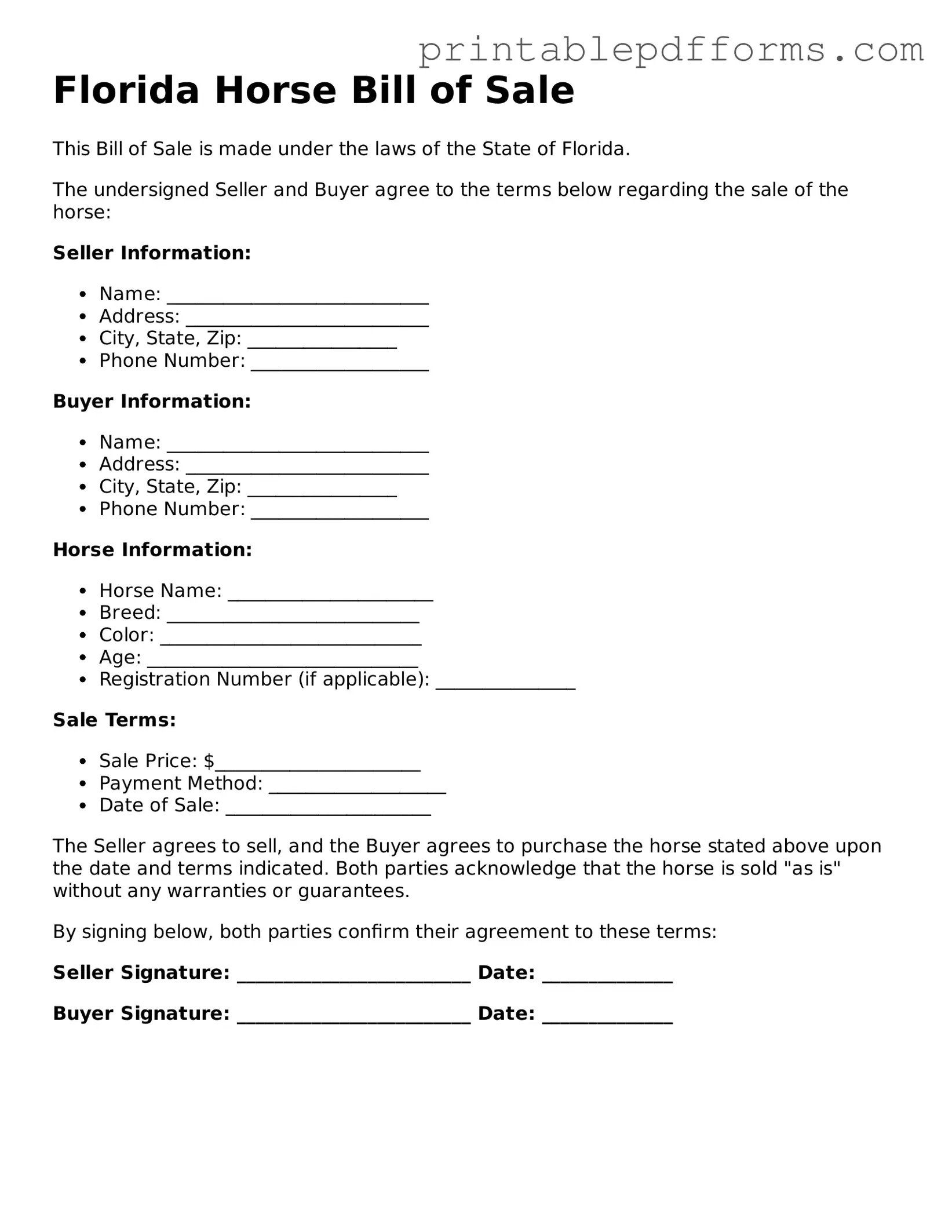 Florida Horse Bill of Sale Document