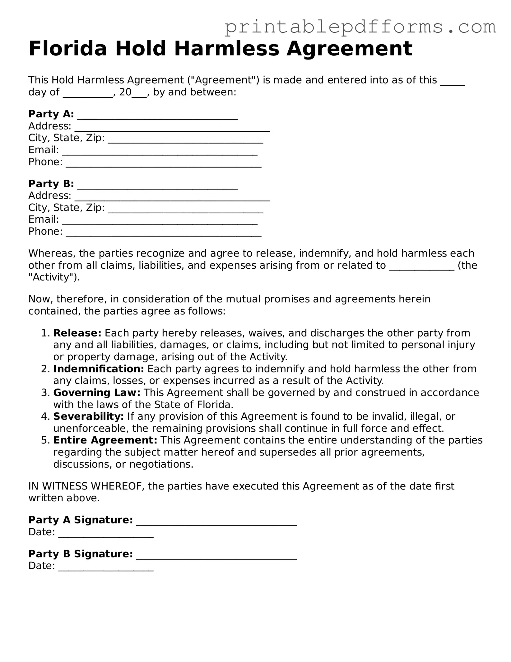 Florida Hold Harmless Agreement Document
