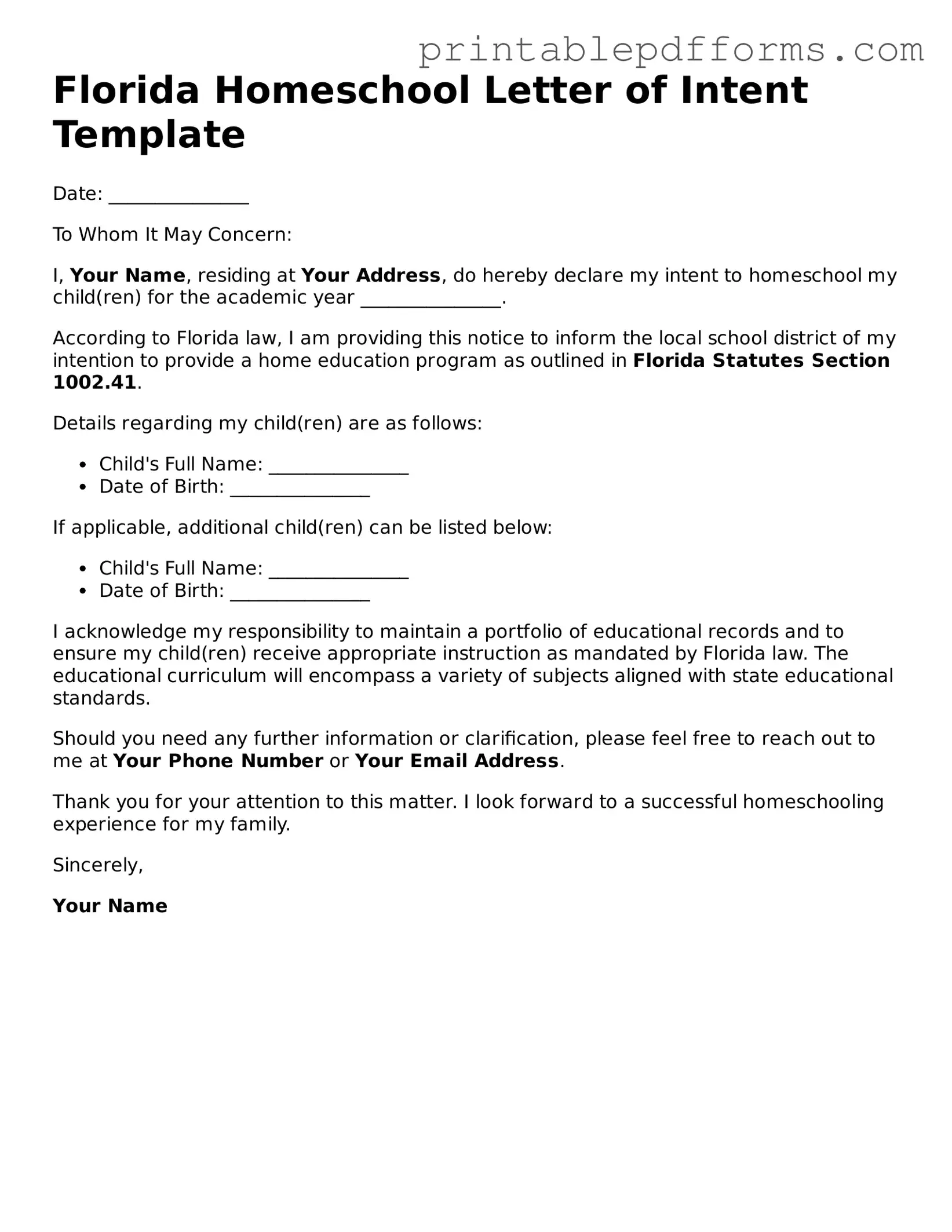 Florida Homeschool Letter of Intent Document