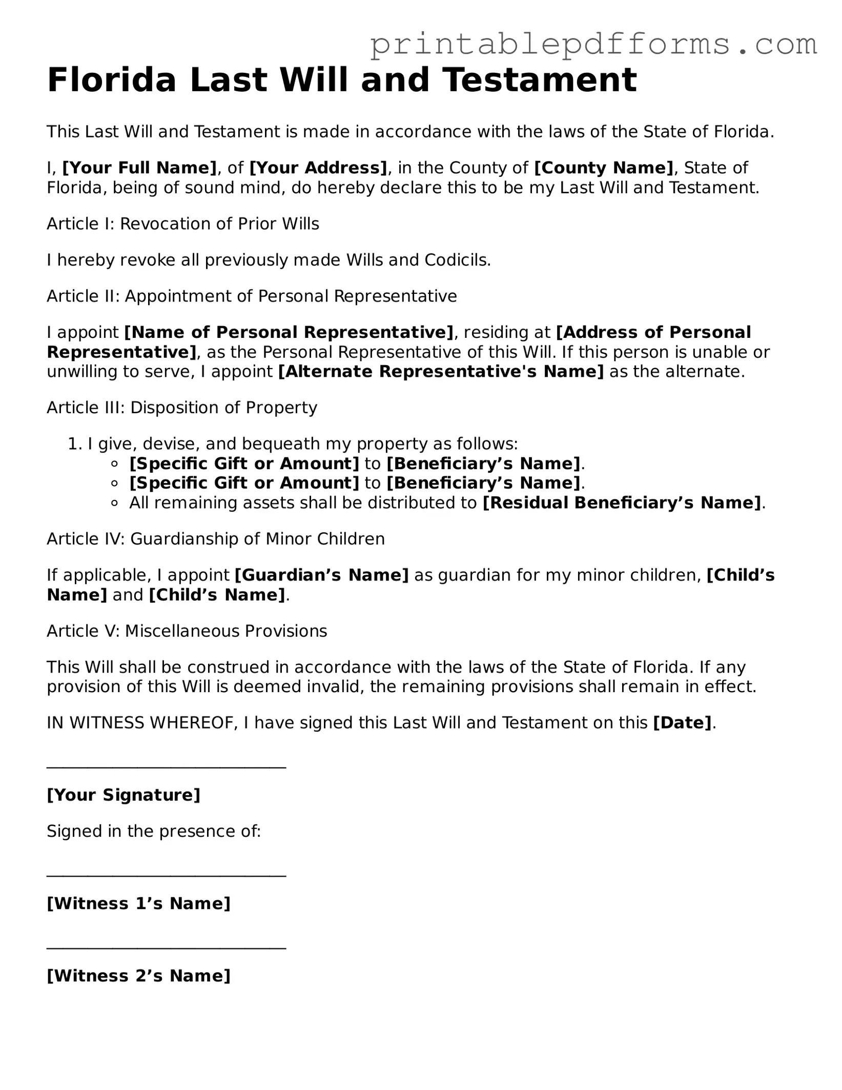 Florida Last Will and Testament Document