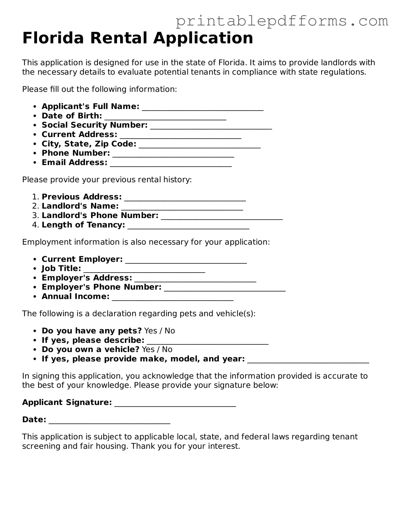 Florida Rental Application Document