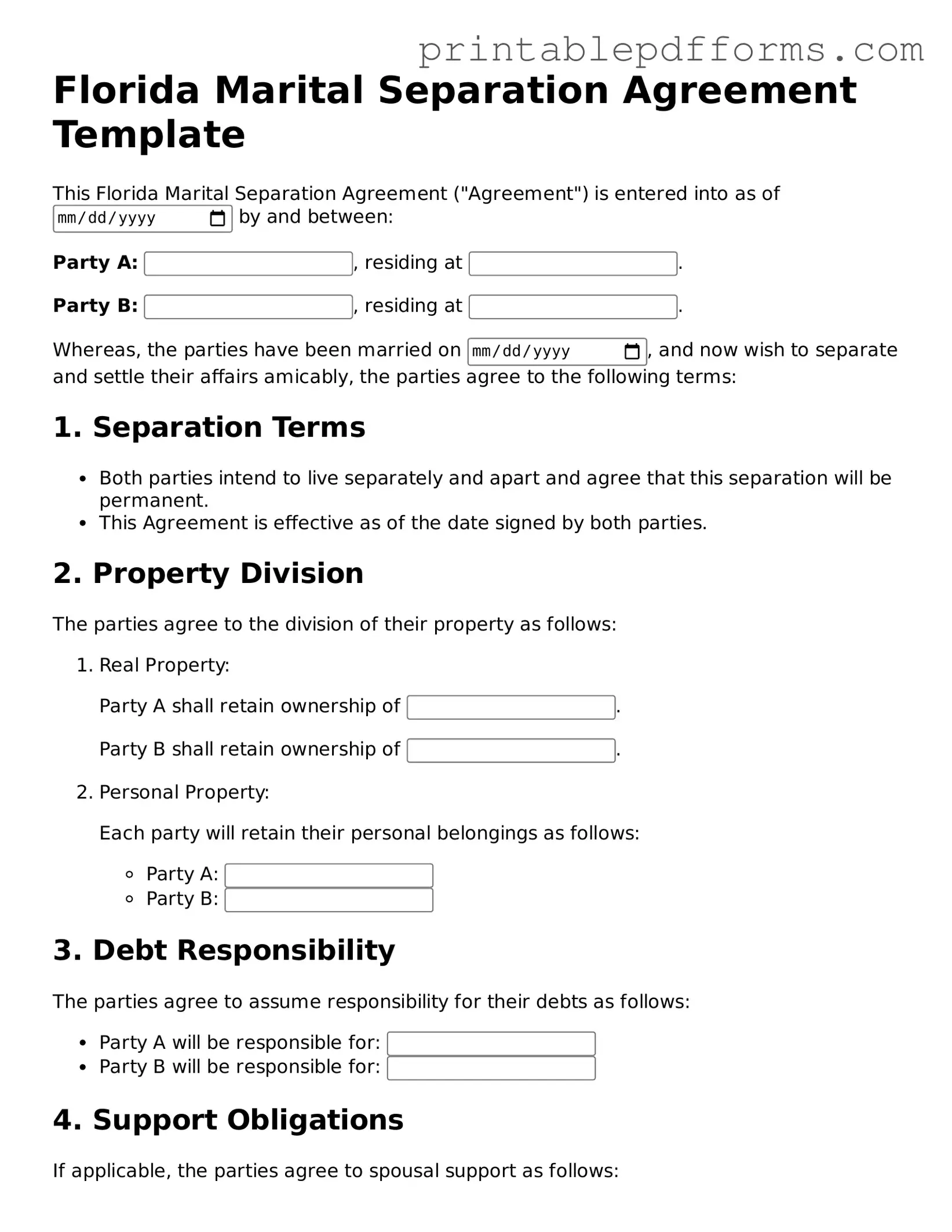Florida Marital Separation Agreement Document