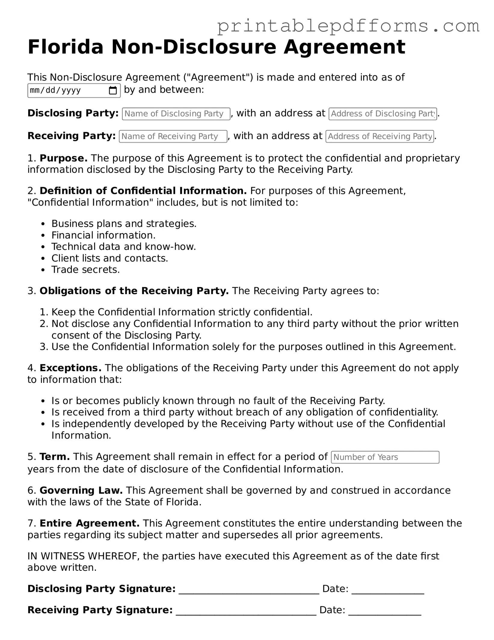 Florida Non-disclosure Agreement Document