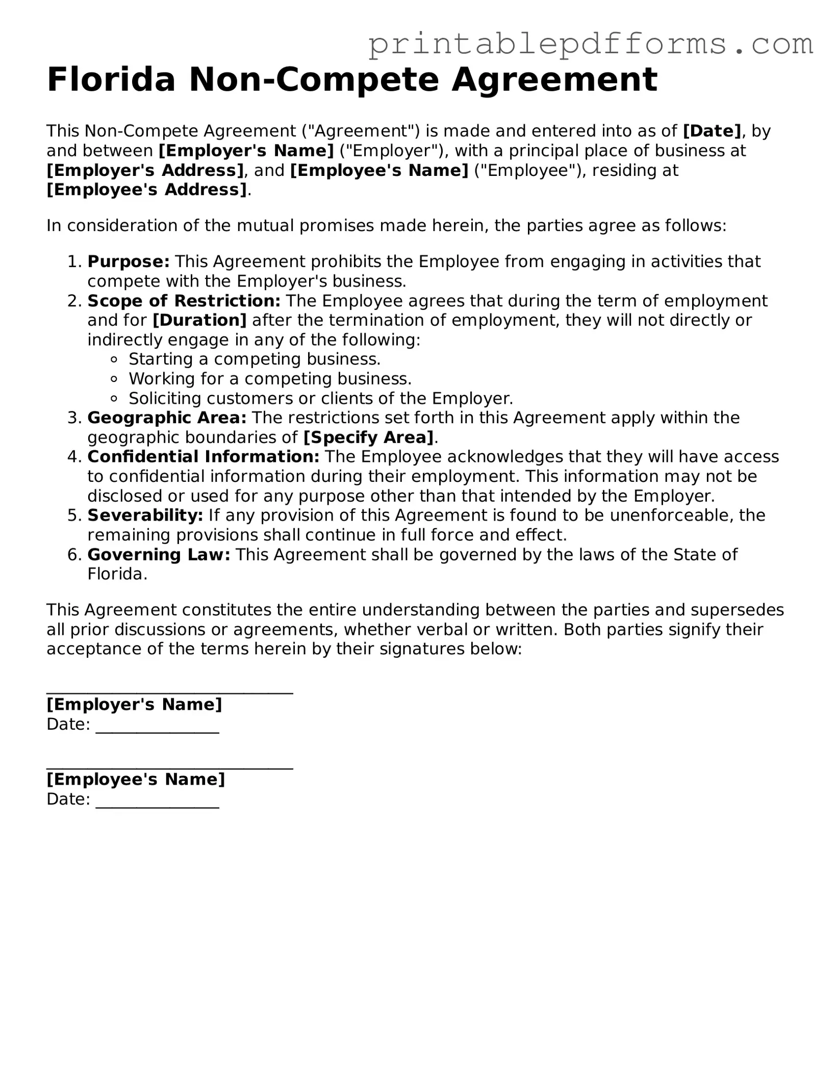 Florida Non-compete Agreement Document