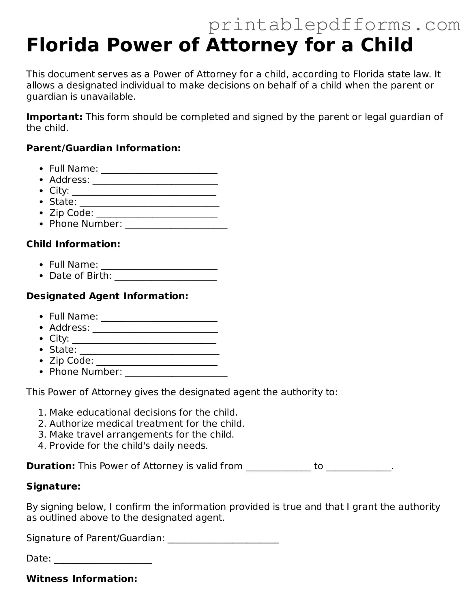 Florida Power of Attorney for a Child Document
