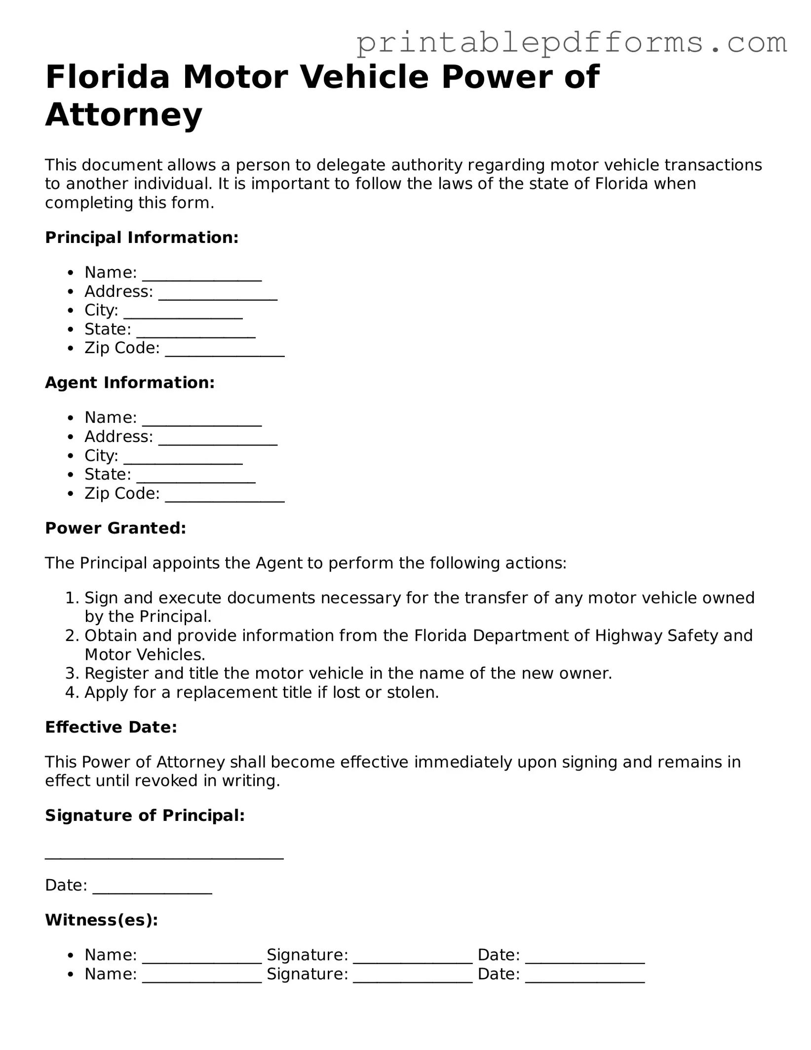 Florida Motor Vehicle Power of Attorney Document