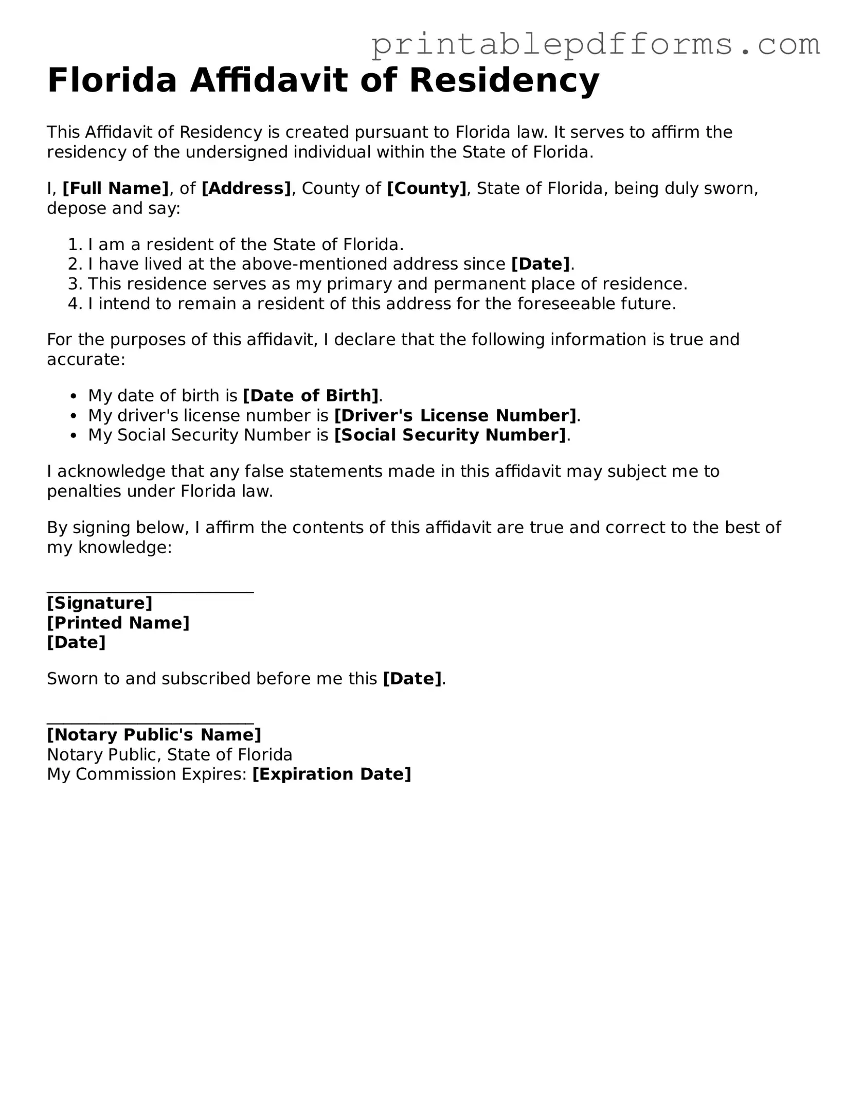 Florida Affidavit of Residency Document
