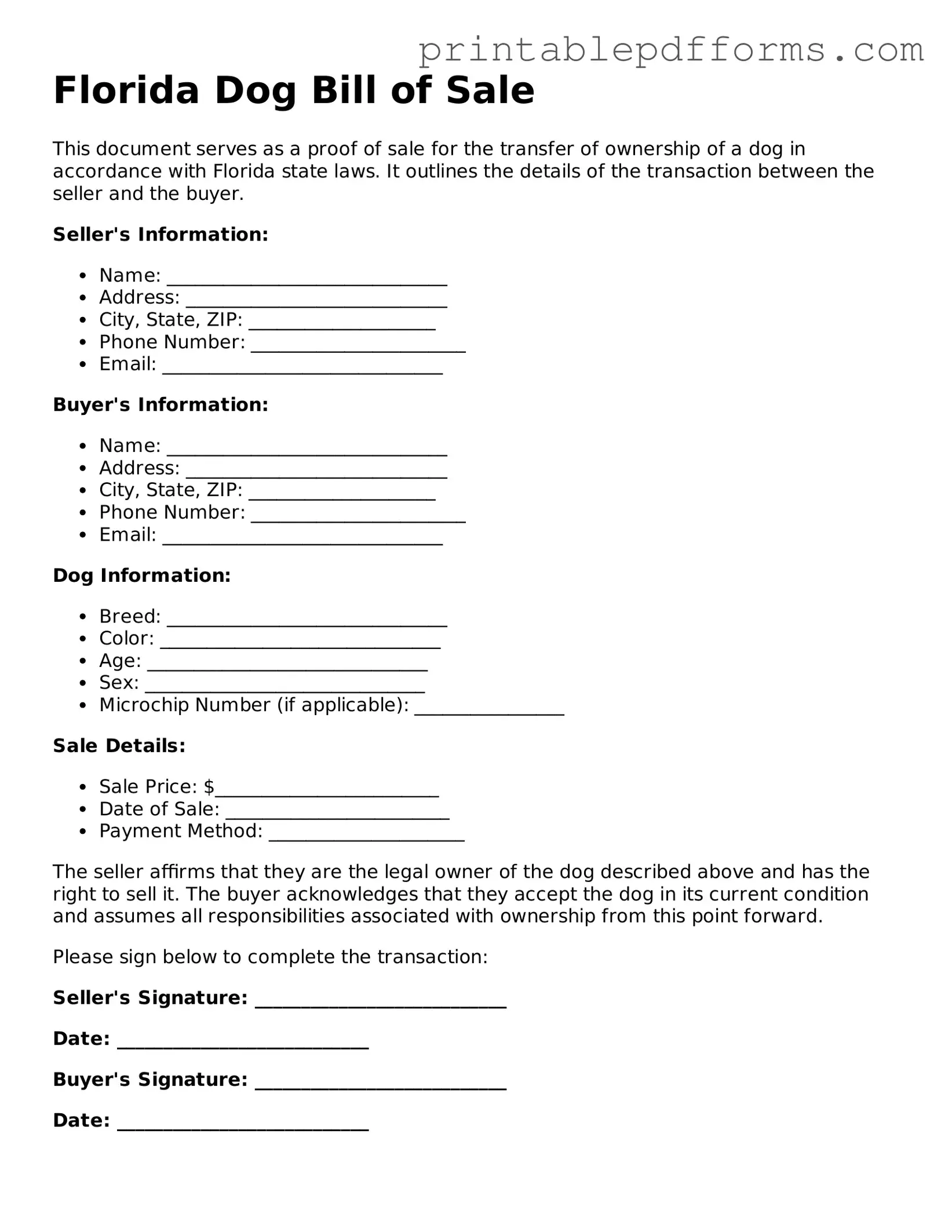 Florida Dog Bill of Sale Document