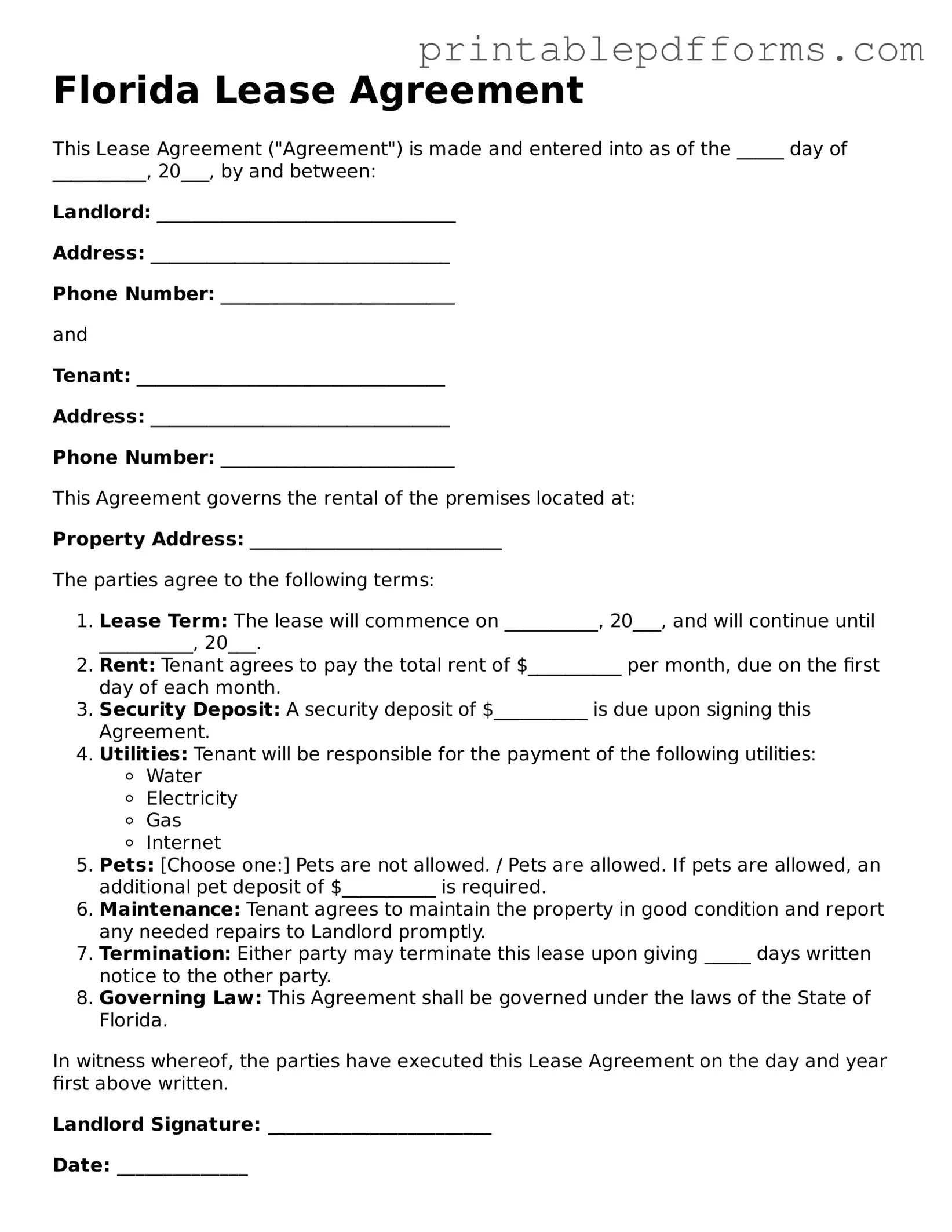 Florida Lease Agreement Document