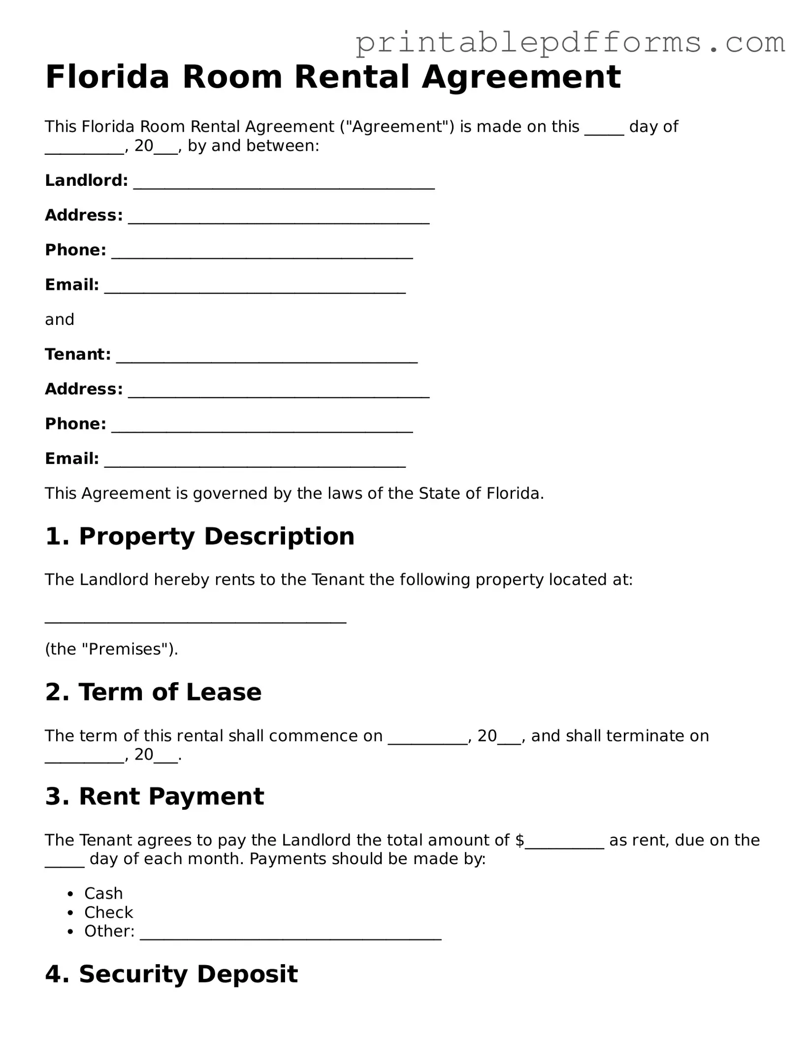 Florida Room Rental Agreement Document
