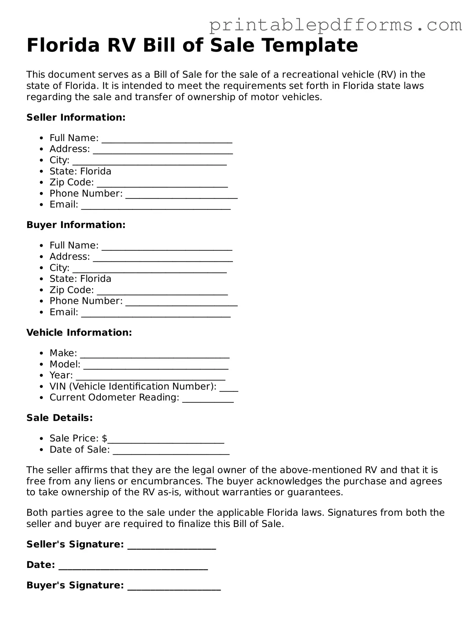 Florida RV Bill of Sale Document