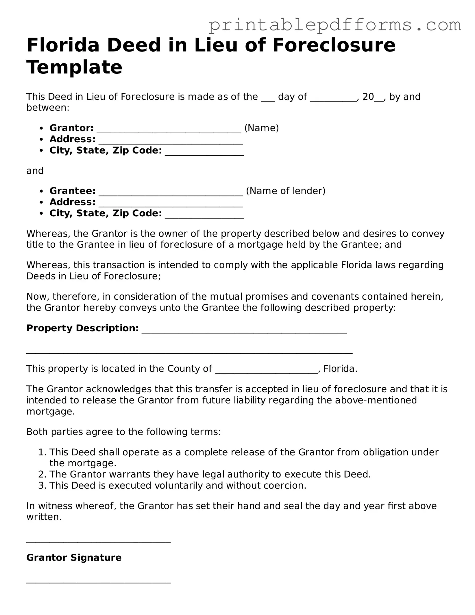 Florida Deed in Lieu of Foreclosure Document