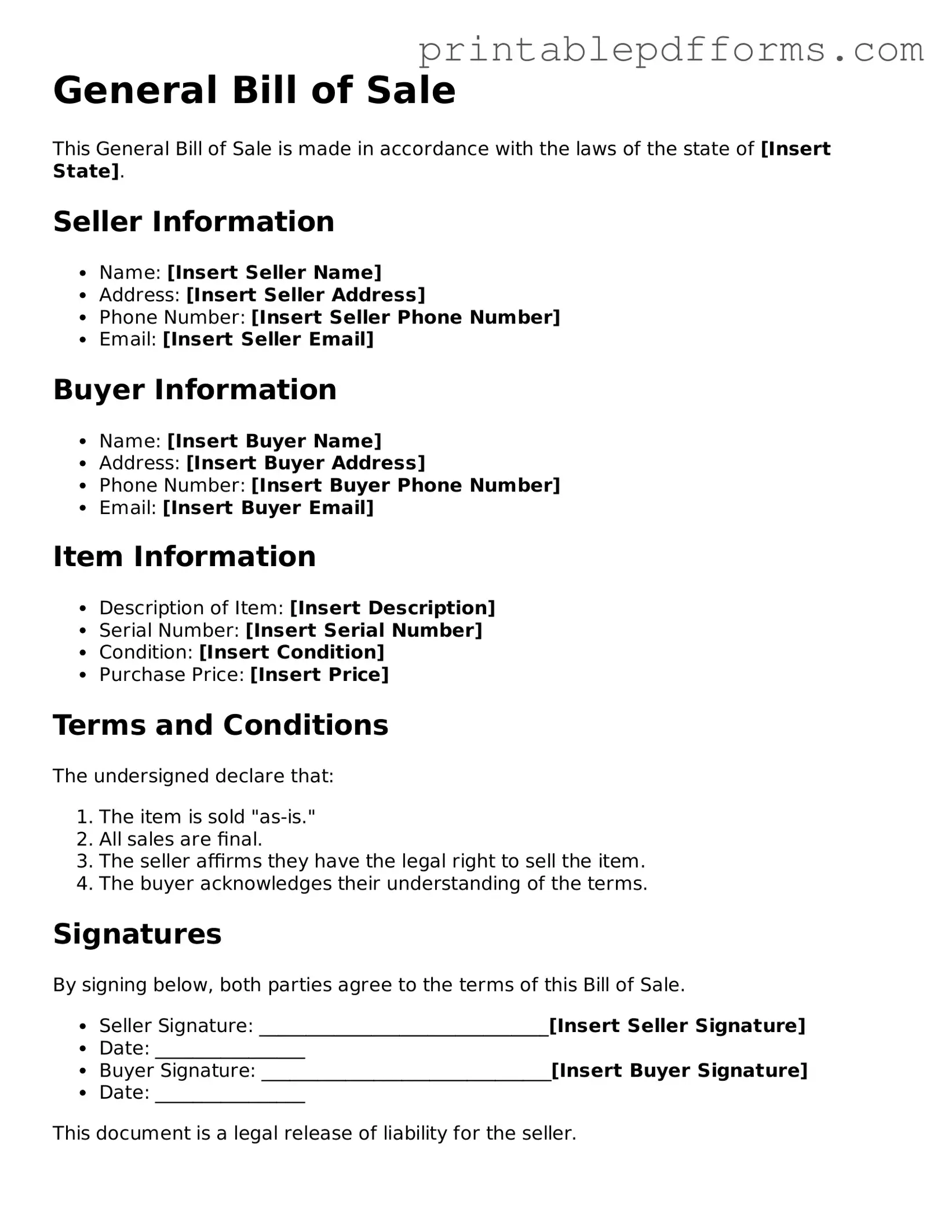 Blank General Bill of Sale Form